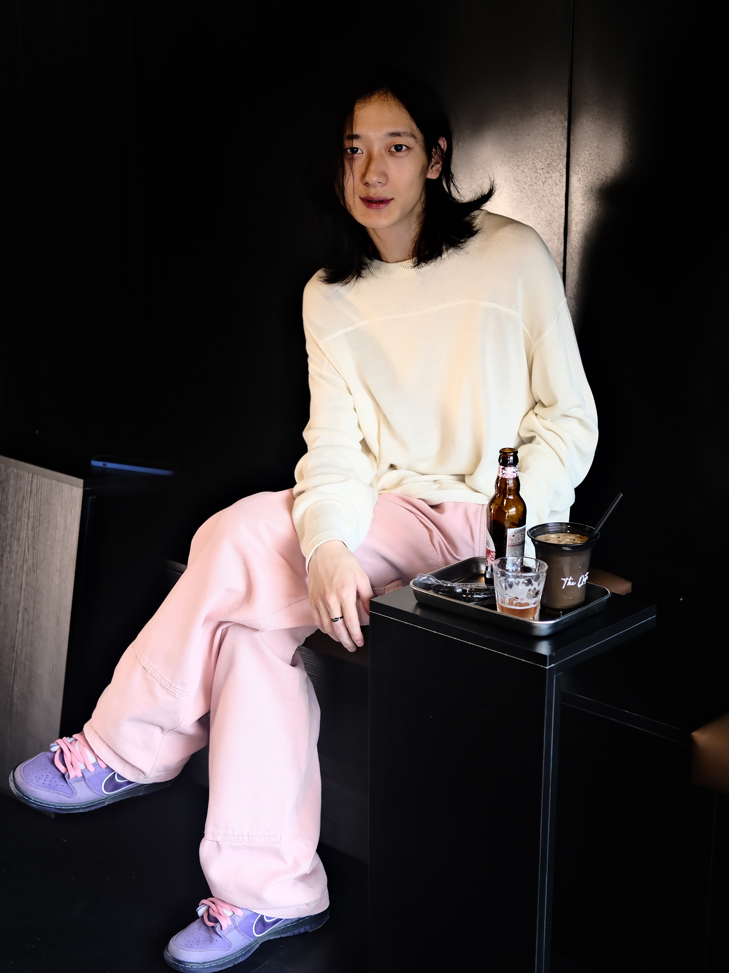 Stussy Corduroy Big OL' Jean Washed Pink, Stussy Football Sweater Bone 착용 스타일 - 1