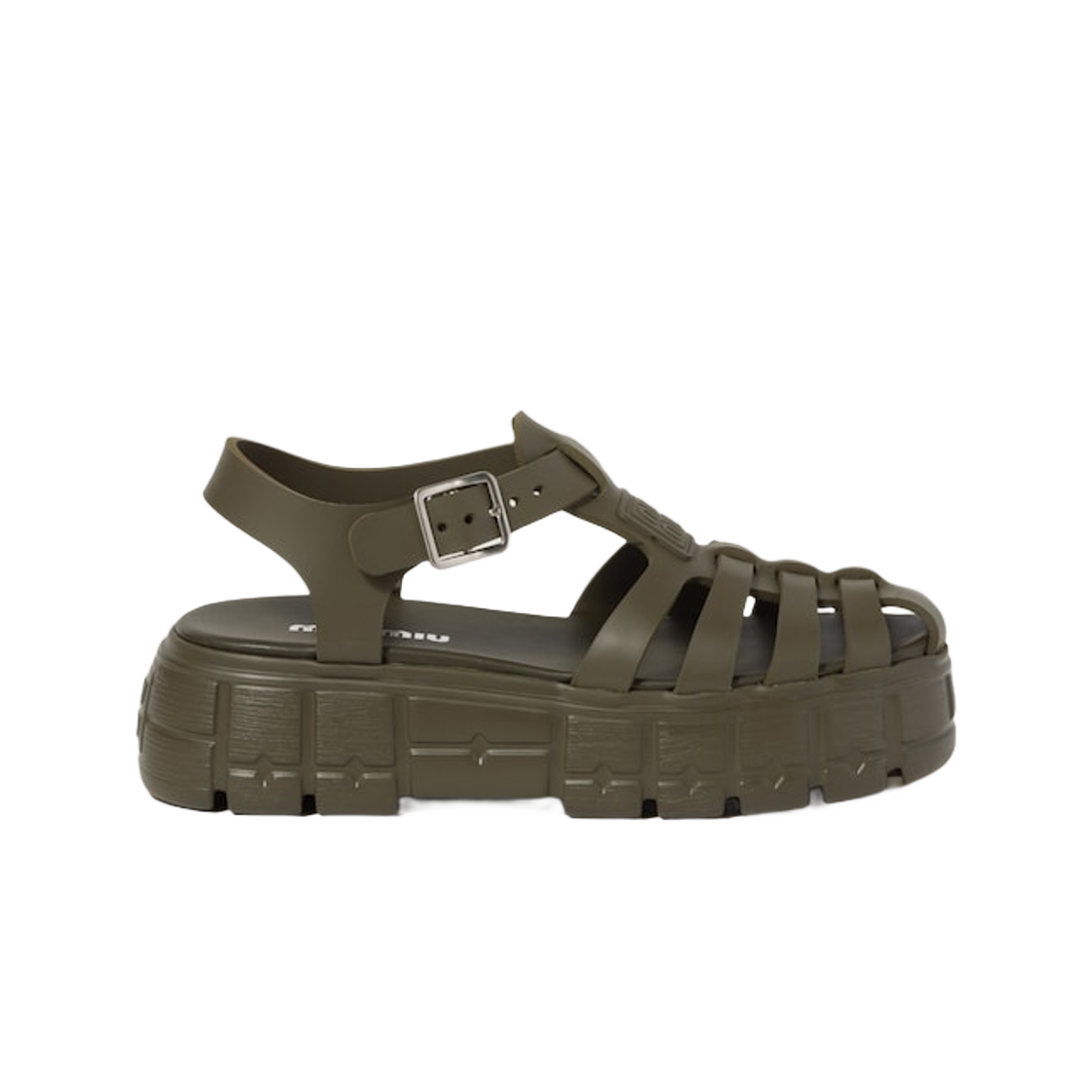 (W) 미우 미우 에바 플랫폼 케이지 샌들 밀리터리 그린((W) Miu Miu Eva Platform Cage Sandals Military Green)