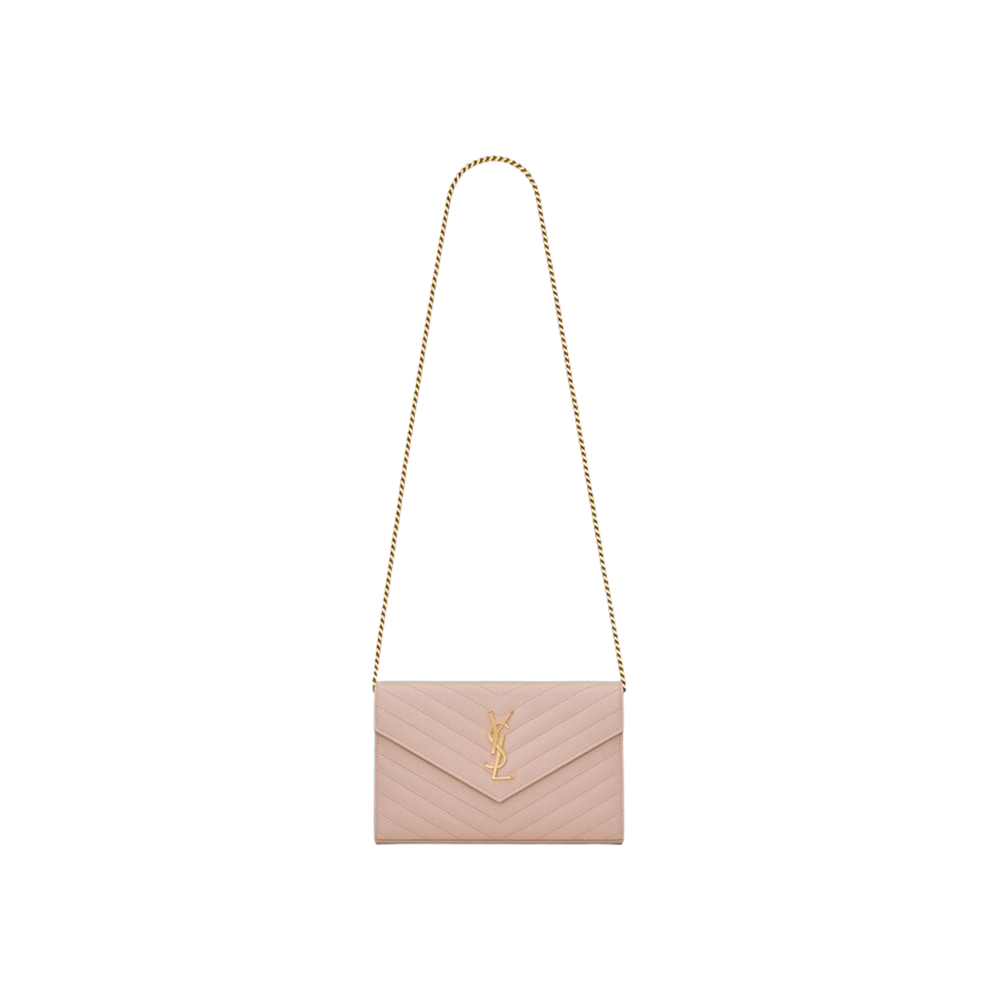 Saint Laurent Classic Cassandre Chain Wallet In Grain De Poudre Leather Pale Pink 상세 이미지 1