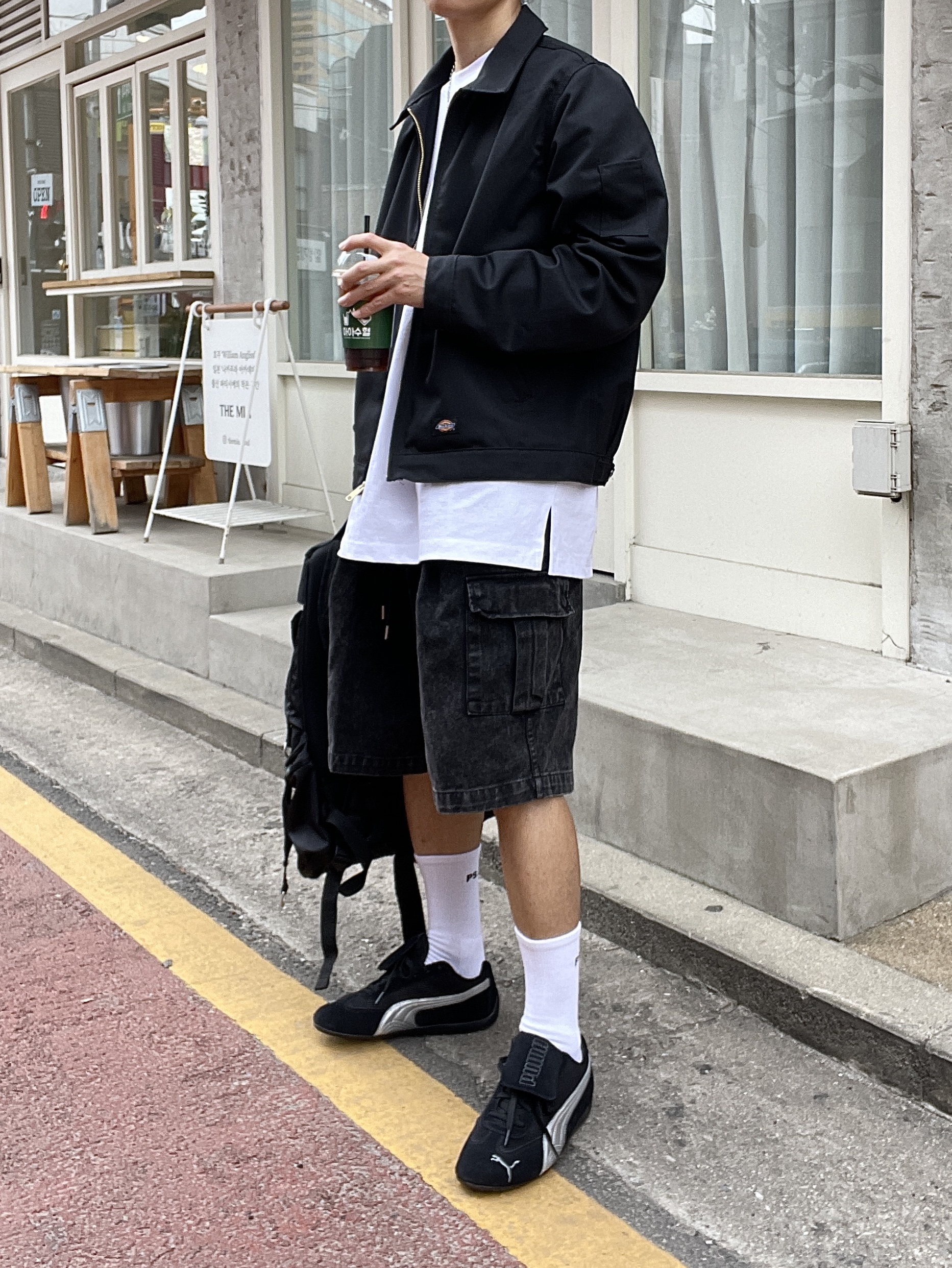 Puma x Open Yy Speedcat Black Shadow Gray, Dickies Unlined Eisenhower Jacket Regular Black 착용 스타일 - 3