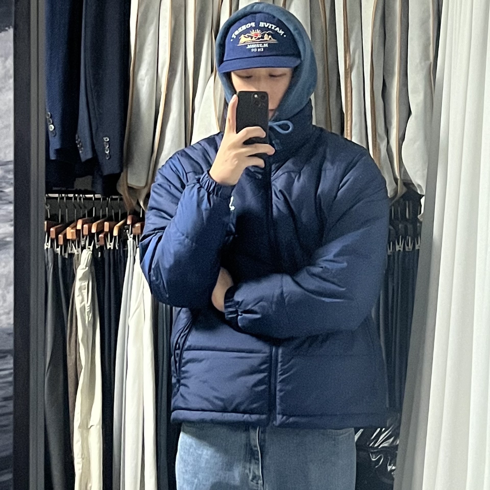 Enor Native Forest Ball Cap Blue 착용 스타일