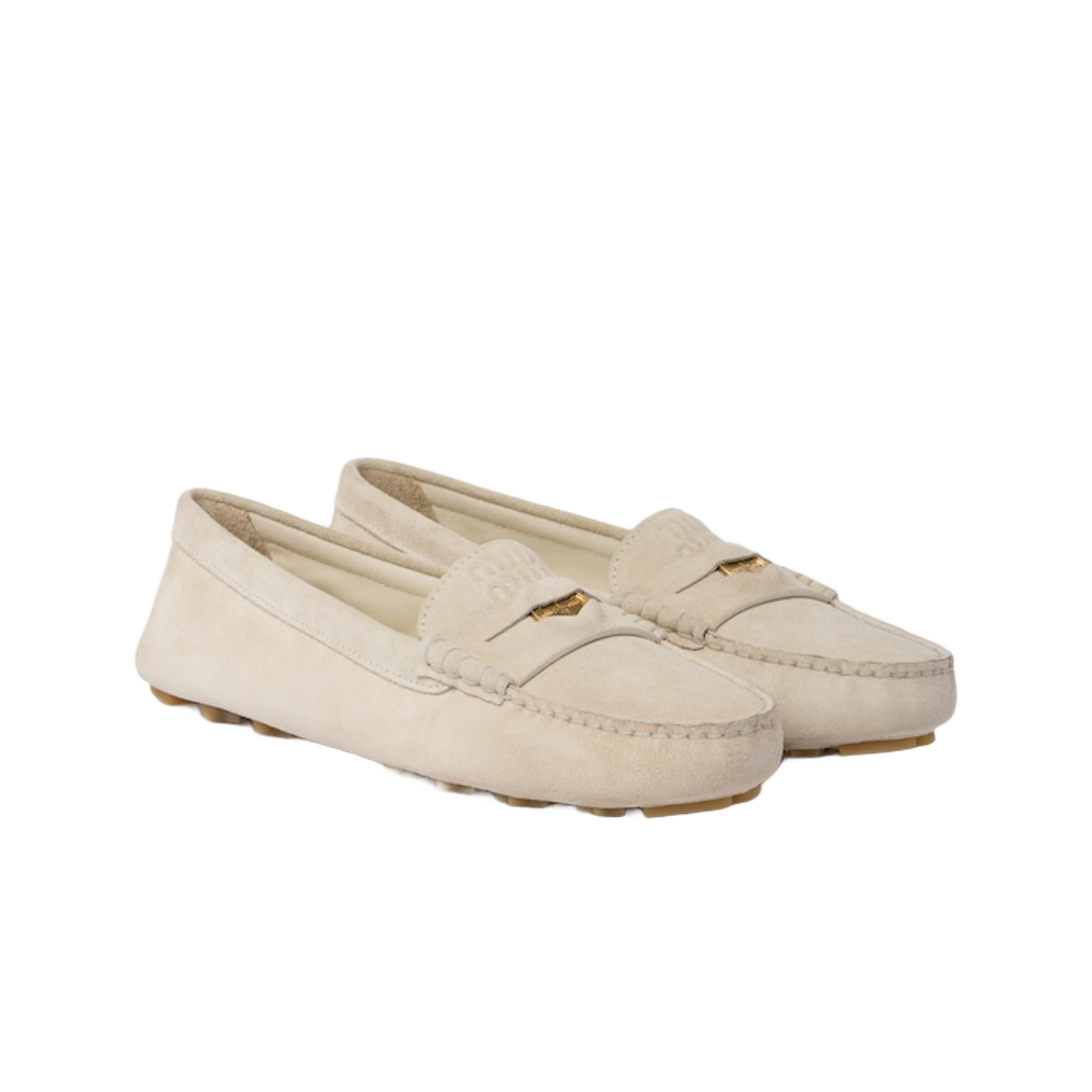 (W) 미우 미우 스웨이드 드라이빙 슈즈 초크((W) Miu Miu Suede Driving Shoes Chalk) - 2