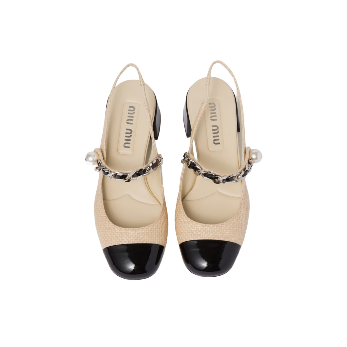(W) 미우 미우 페이턴트 레더 앤 라피아 슬링백 펌프스 탄 블랙((W) Miu Miu Patent Leather and Raffia Slingback Pumps Tan Black) - 3