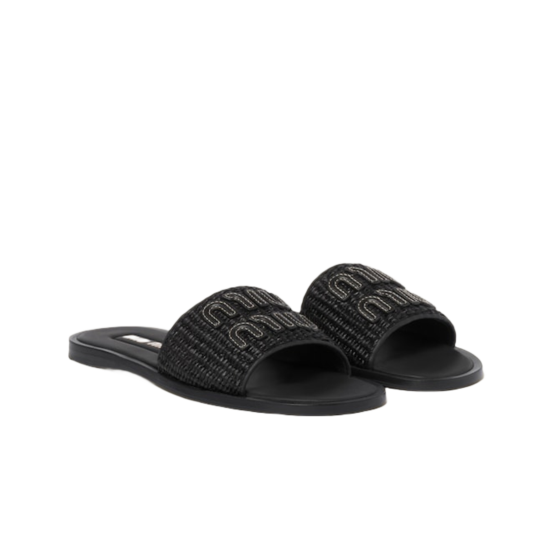 (W) Miu Miu Raffia-Effect Woven Fabric Slides Black 상세 이미지 2