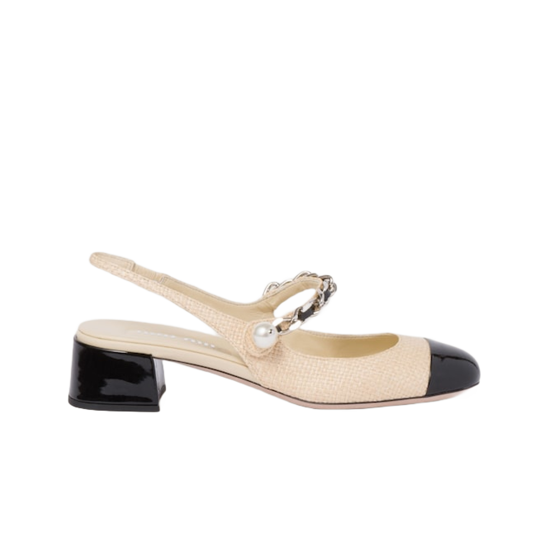 5I045E-3LOP-F0I55 (W) Miu Miu Patent Leather and Raffia Slingback Pumps Tan Black