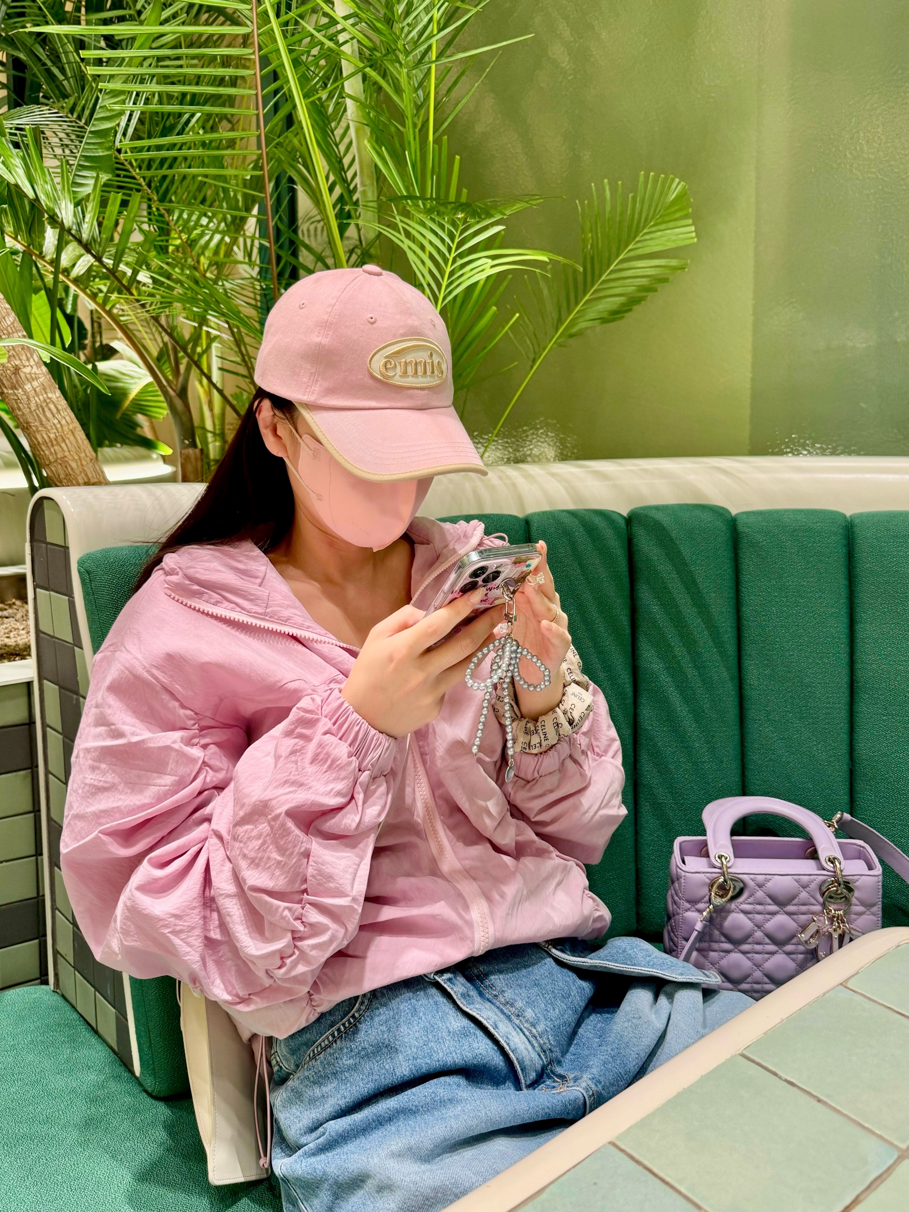 Emis Beige Trimming Ball Cap Pink, (W) Jordan 1 Mid SE Light Mulberry 착용 스타일 - 1