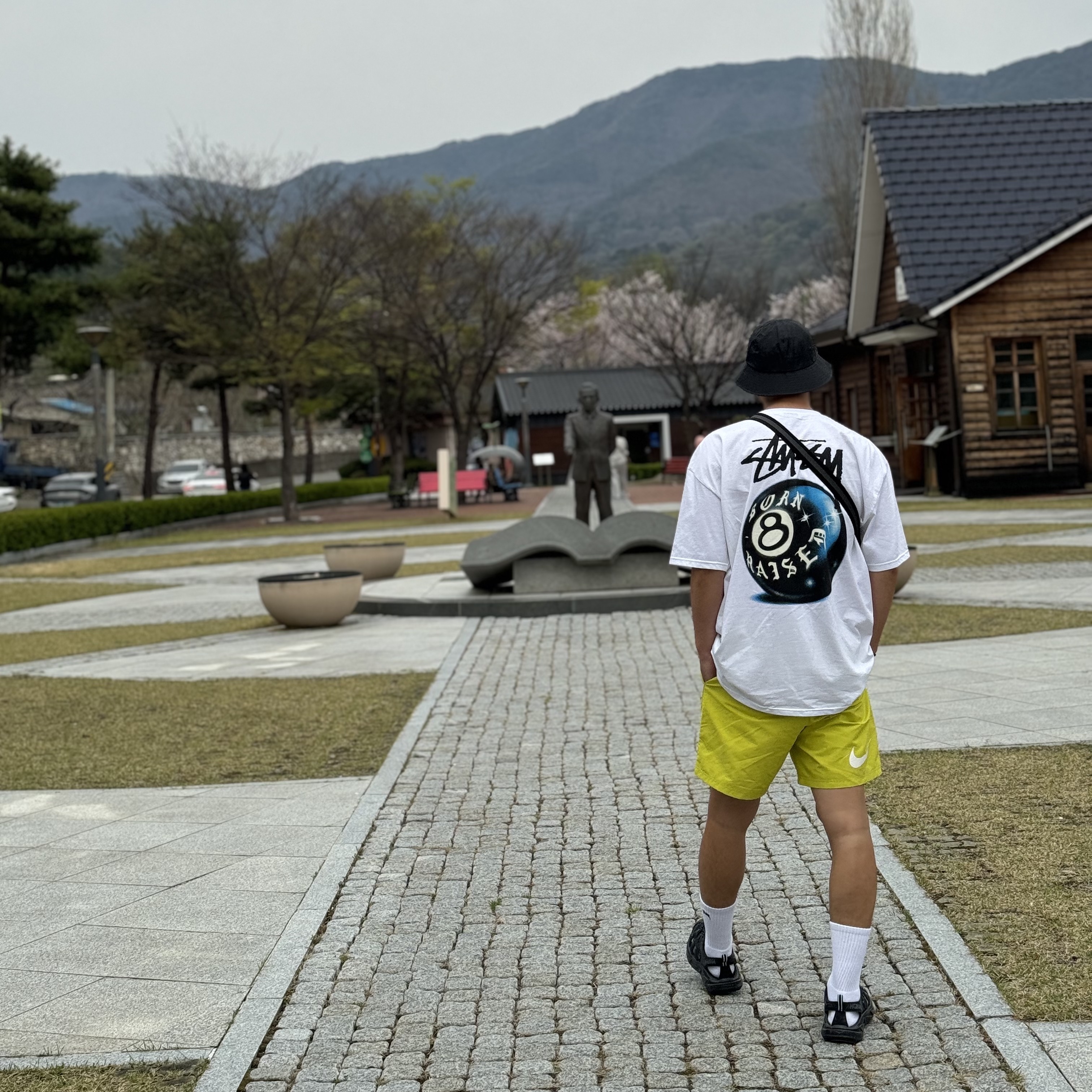 Stussy x Born X Raised 8 Ball T-Shirt White, Nike x Stussy Shorts High Voltage (FJ9168-344) 착용 스타일