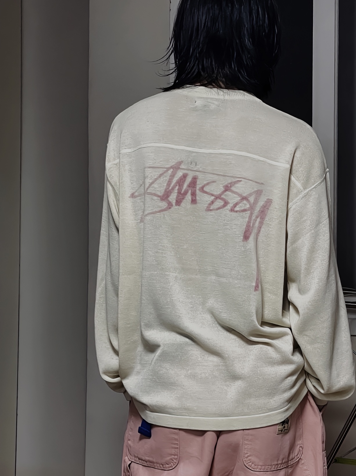 Stussy Corduroy Big OL' Jean Washed Pink, Stussy Football Sweater Bone 착용 스타일 - 2
