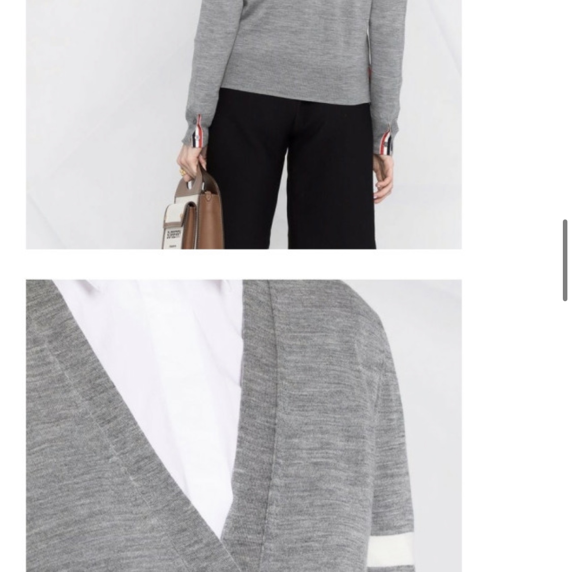 (W) Thom Browne Sustainable Fine Merino Wool 4-Bar Relaxed Fit V-Neck Cardigan Light Grey 착용 스타일 - 1
