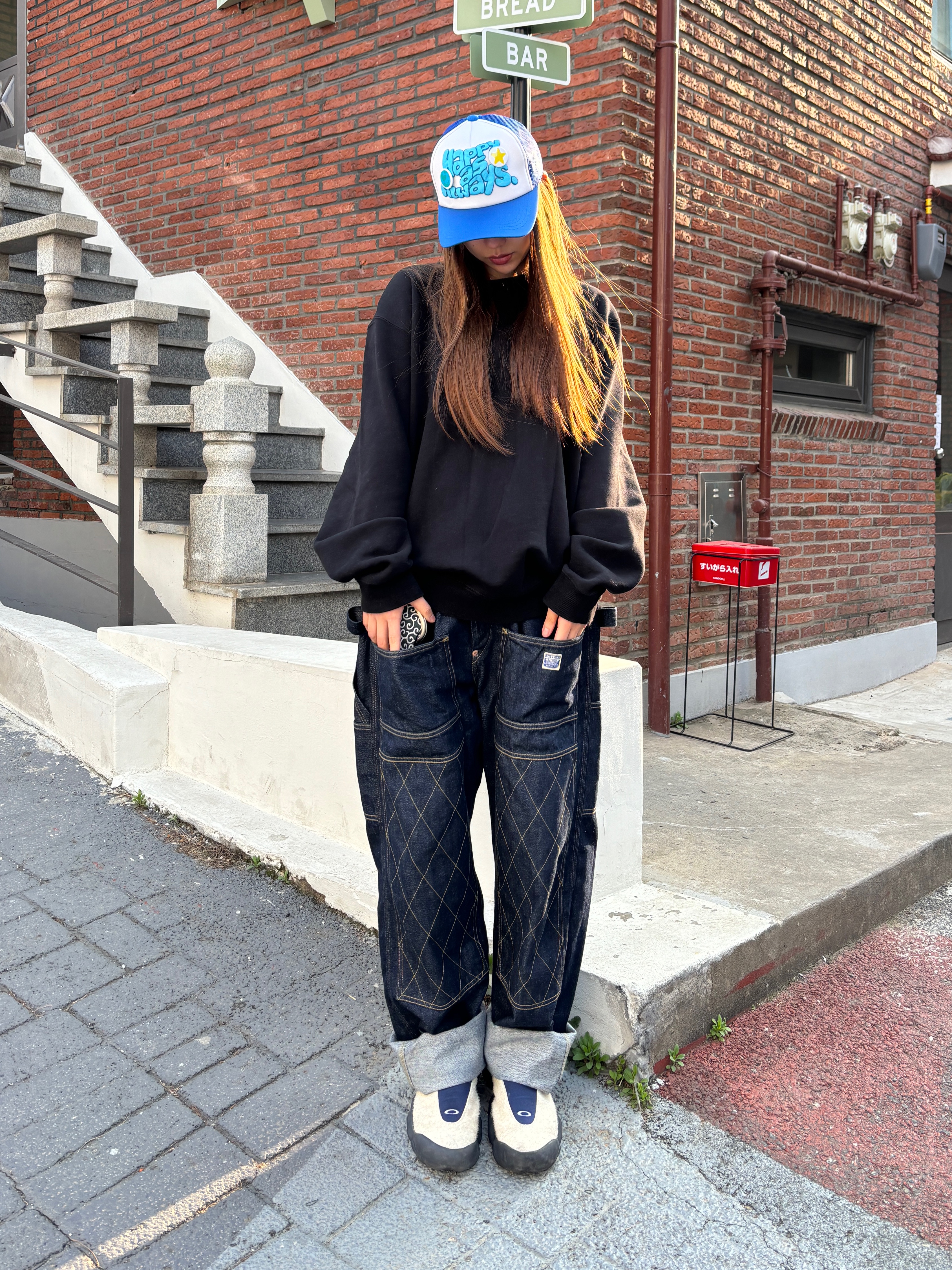 Kapital 11.5 oz. Denim Lumber Pants Indigo, Oakley Factory Team x Brain Dead Flesh Sand Blue 착용 스타일 - 1