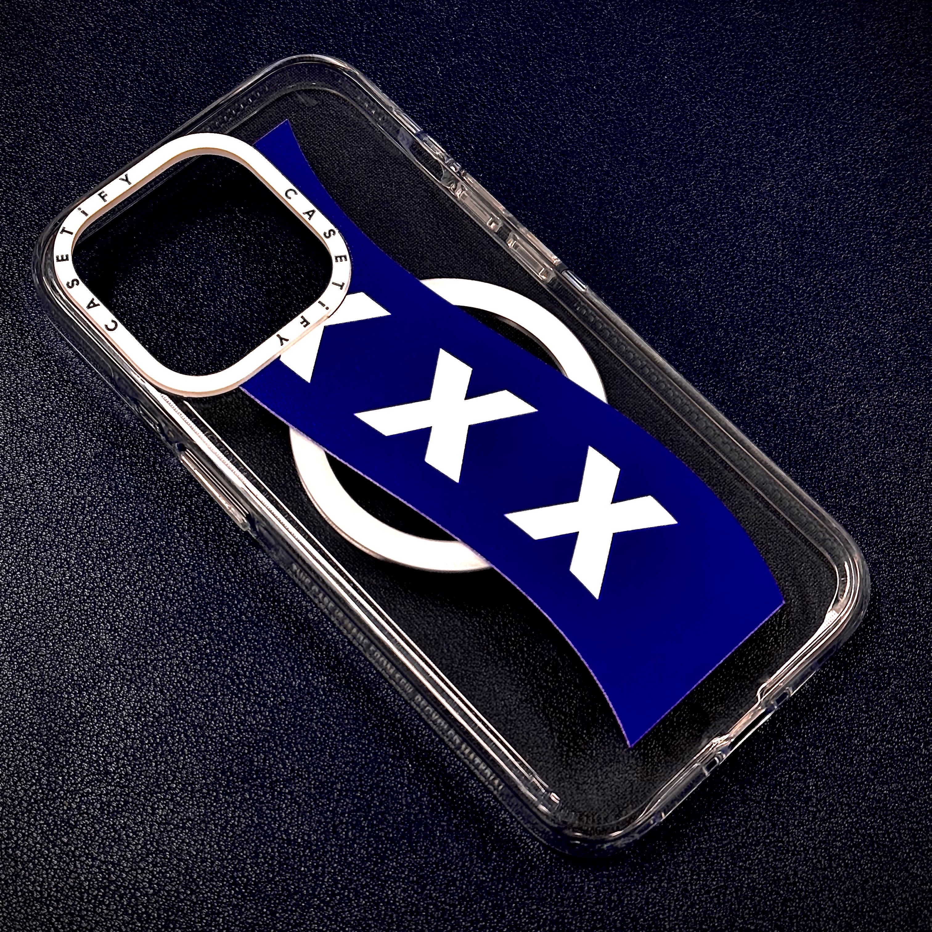 Casetify x Fragment x God Selection XXX Box Logo Blue iphone Magsafe Case Clear White Camera Ring Case 착용 스타일