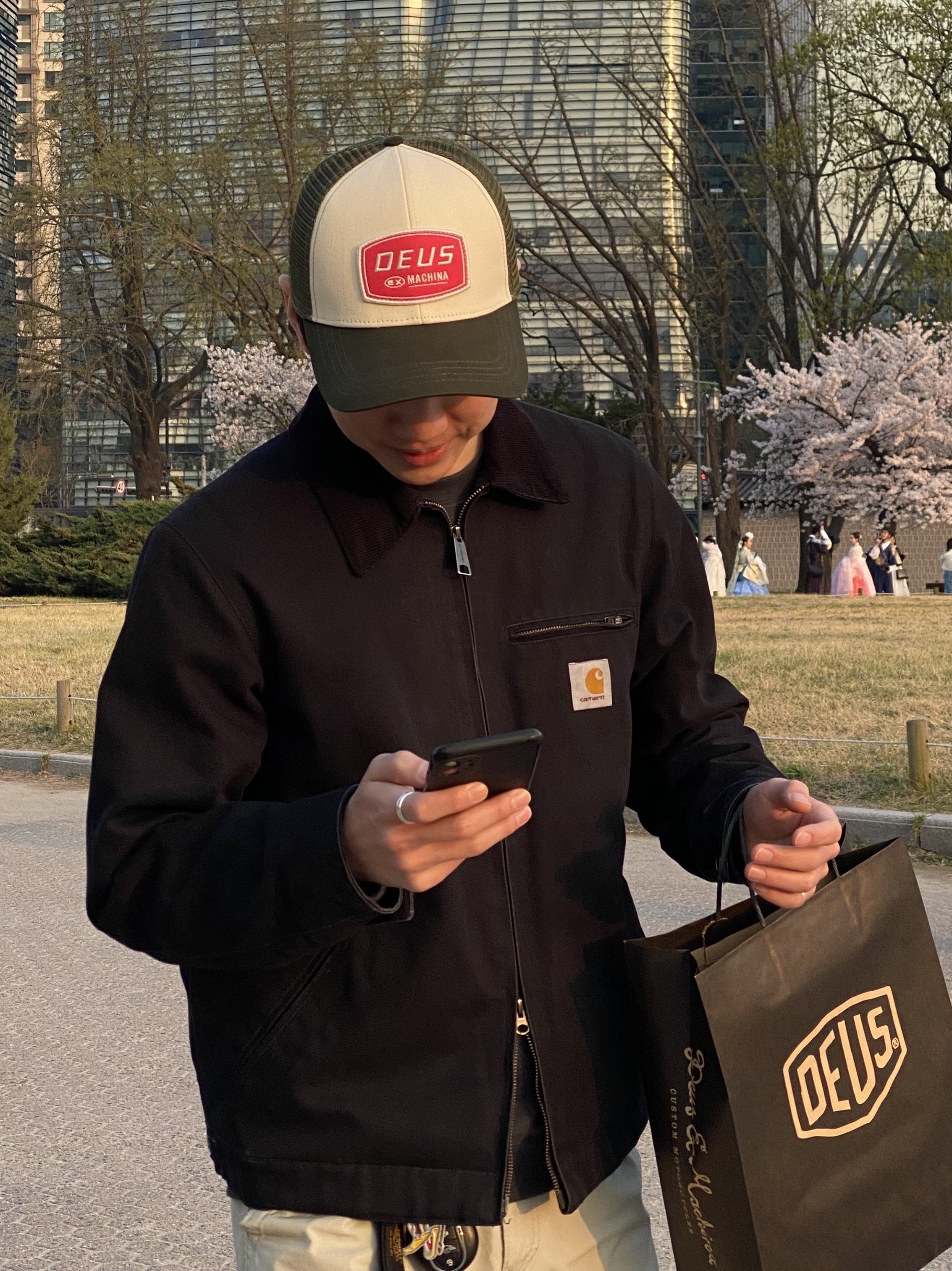 Carhartt WIP Organic Cotton Dearborn Canvas Detroit Jacket Black Rigid - Spring 착용 스타일