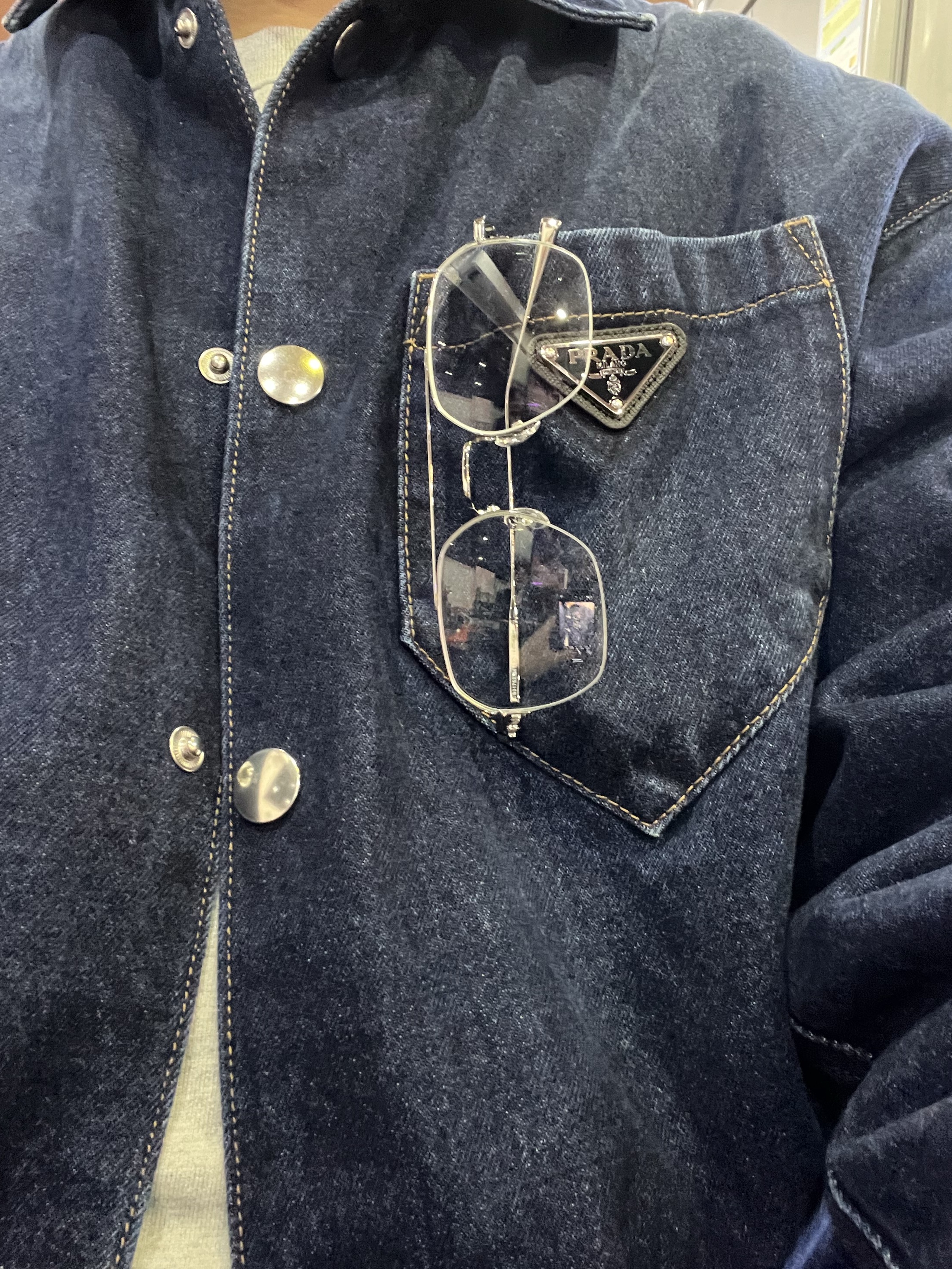 Prada Padded Denim Shirt Navy 착용 스타일