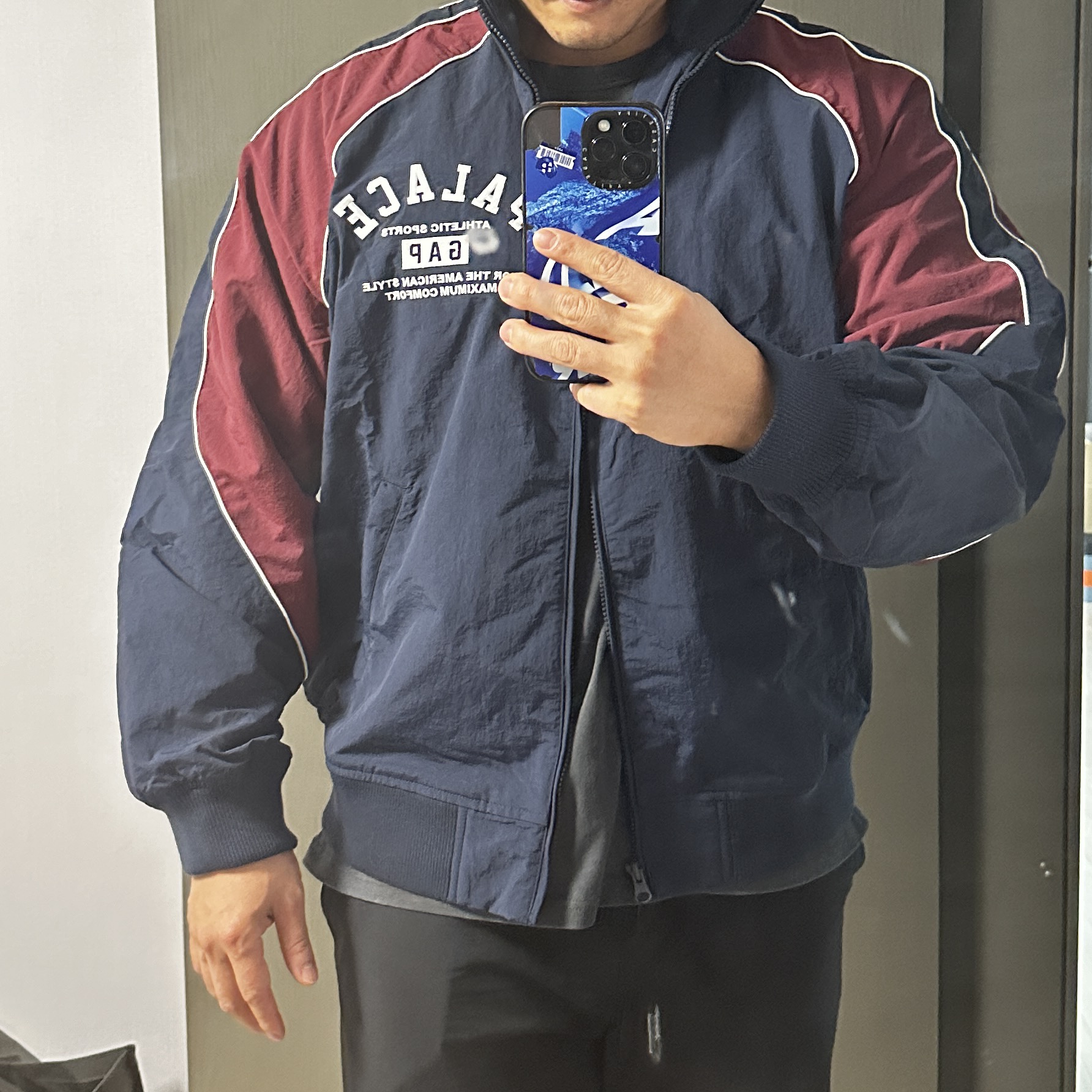 Palace x Gap Nylon Track Top Navy Red - 24SS 착용 스타일 - 1