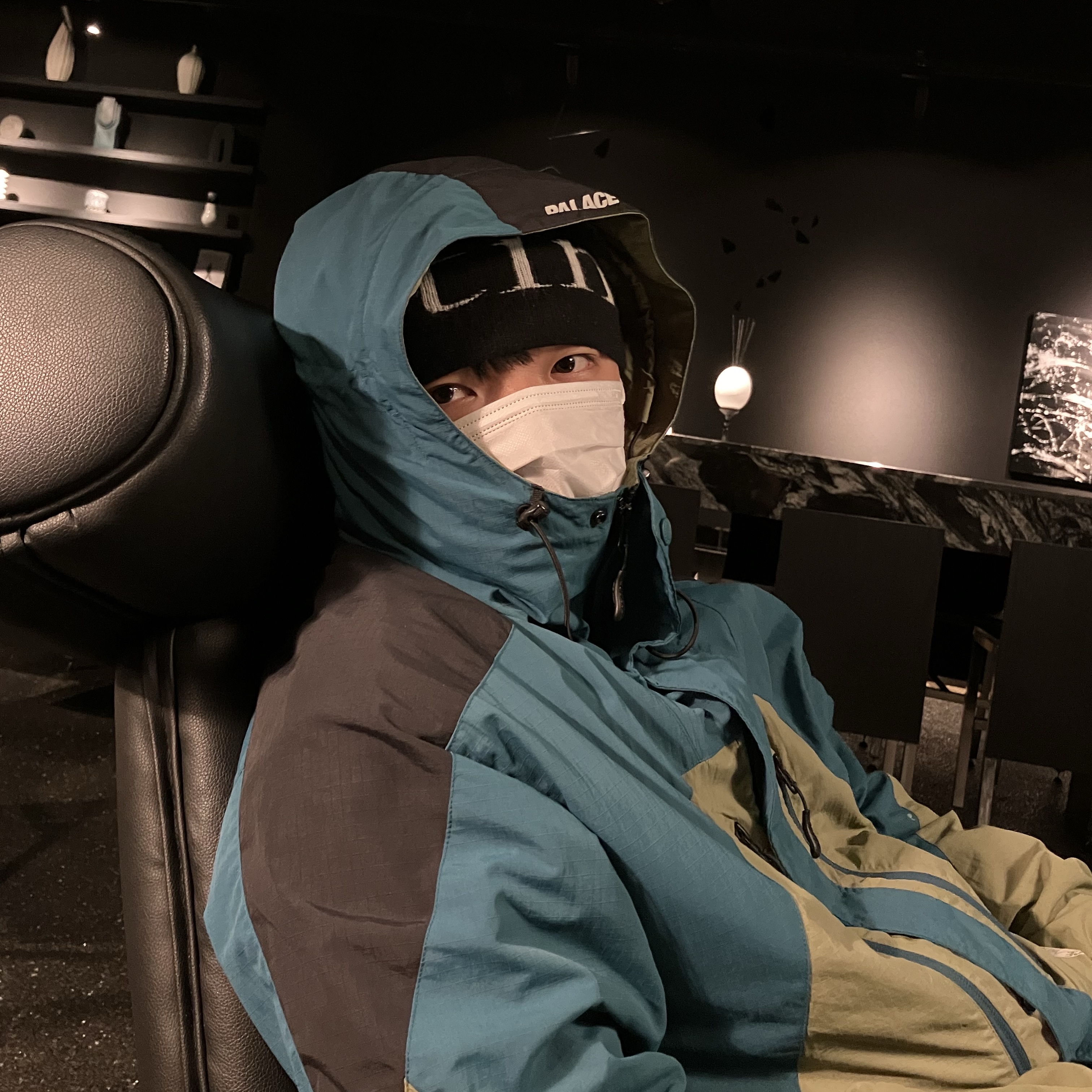 Matin Kim Logo Jacquard Short Beanie Black, Palace Powder Jacket Black Olive Teal - 22SS 착용 스타일