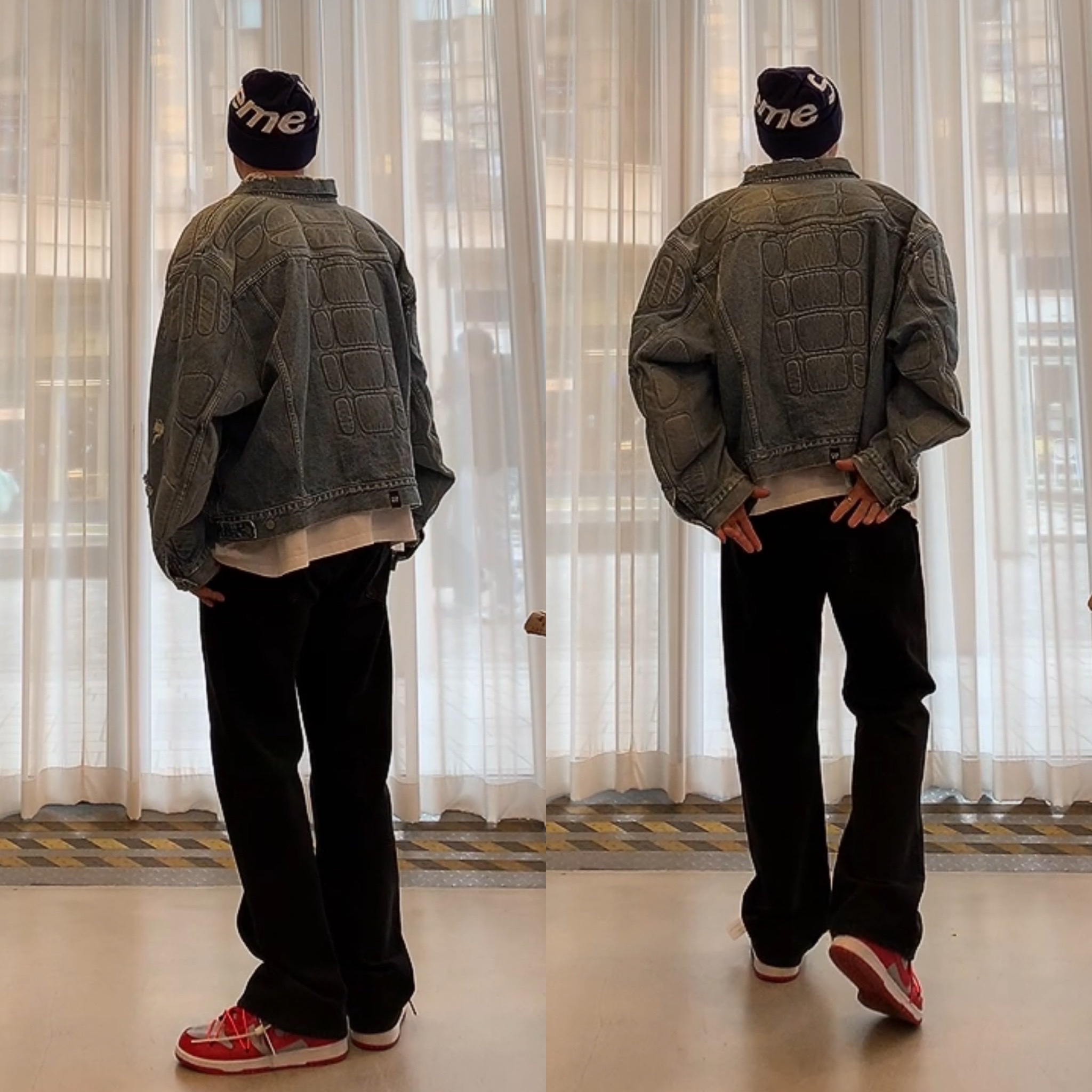 Yeezy Gap Engineered By Balenciaga Padded Denim Jacket Blue, Nike x Off-White Dunk Low University Red 착용 스타일