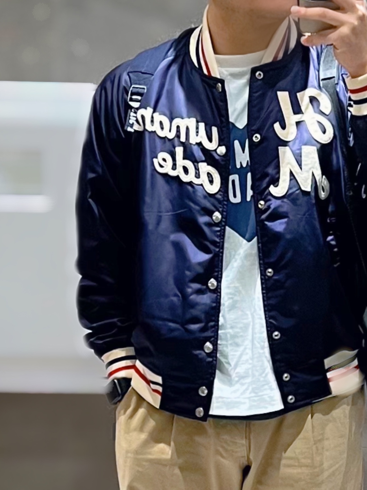 Human Made Nylon Stadium Jacket Navy 착용 스타일