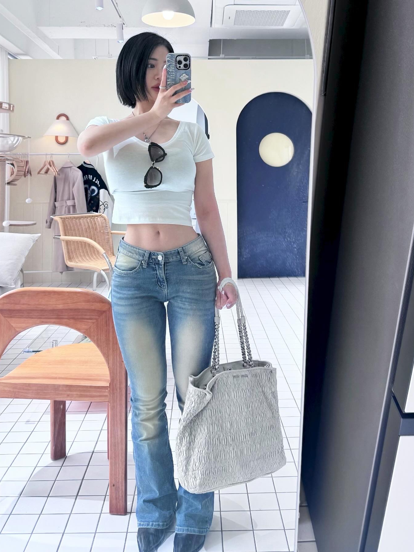 Casetify x Matin Kim iPhone Destroyed Denim Magsafe Mirror Case Silver 착용 스타일