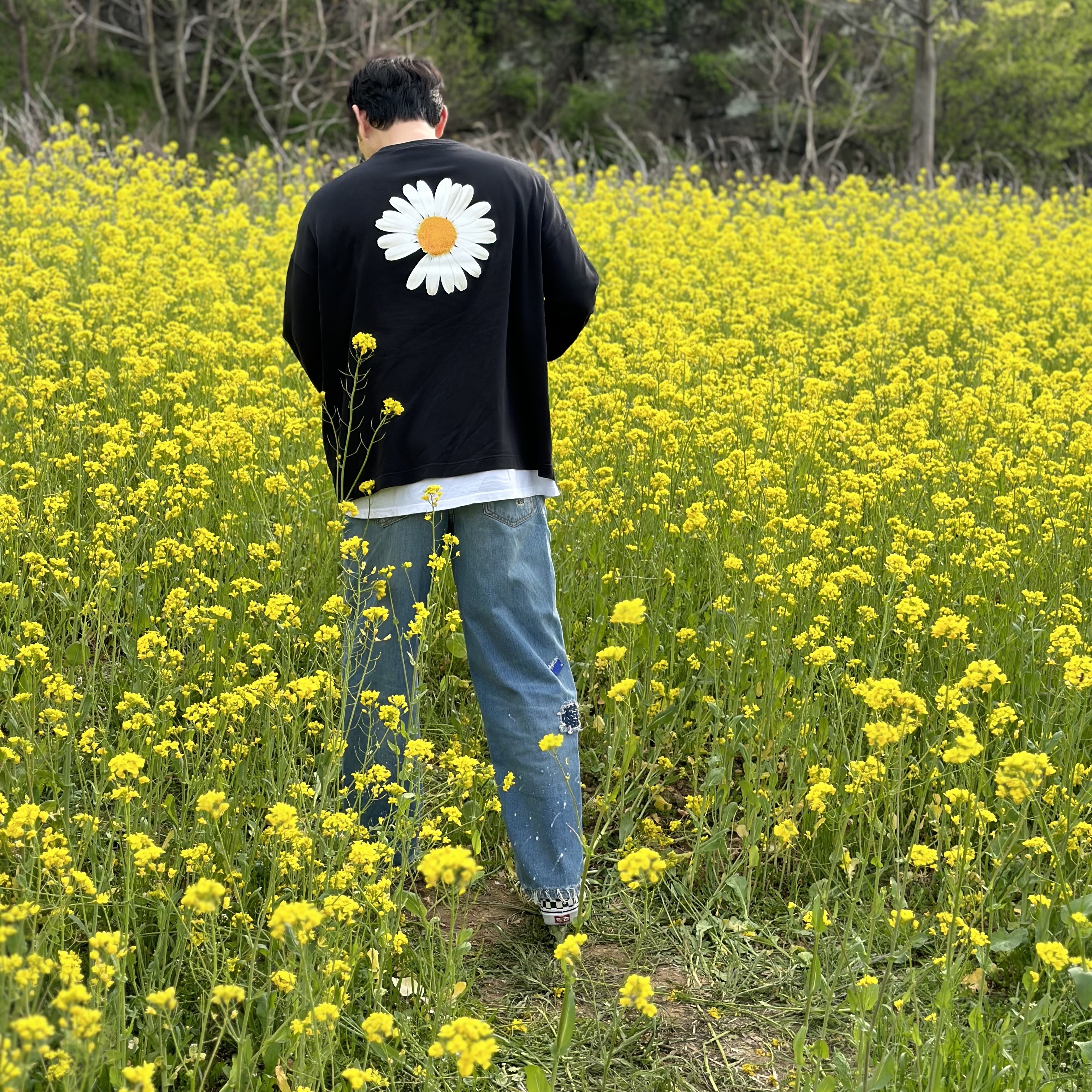 Nike x Peaceminusone LS T-Shirt Black (DR0098-010), Zara x Ader Error Patchwork Jeans Blue 착용 스타일 - 2