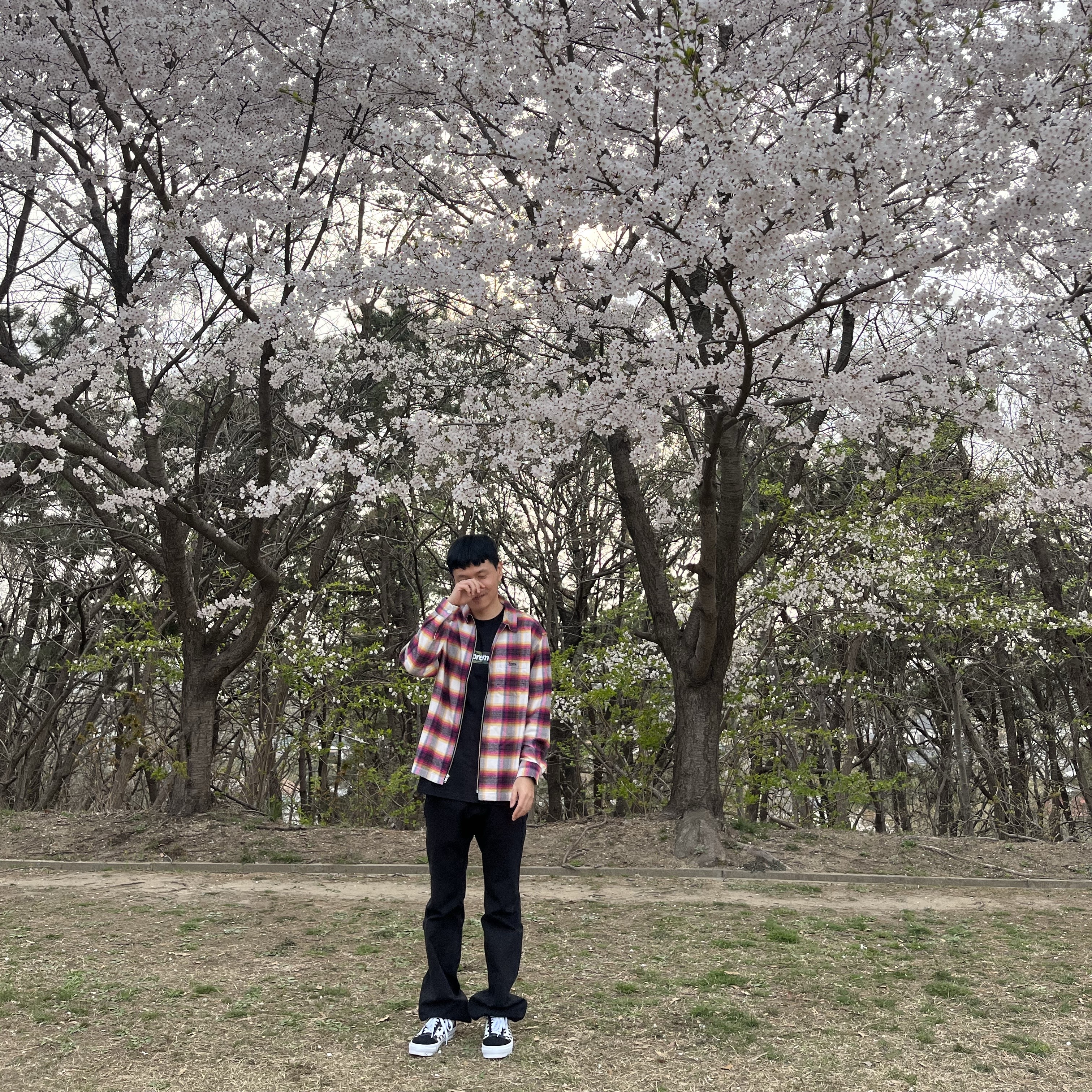 Supreme Box Logo T-Shirt Black - 23FW, Supreme Shadow Plaid Flannel Zip Up Shirt White - 24SS 착용 스타일 - 1