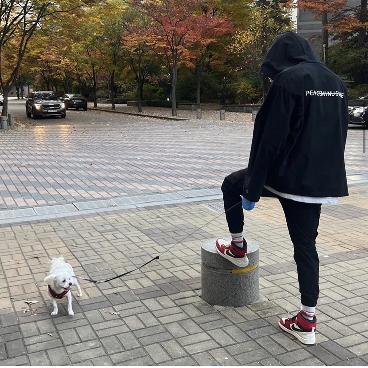 Peaceminusone Pullover Hoodie #1 Black, Jordan 1 Retro KO High Chicago Vintage 착용 스타일 - 2