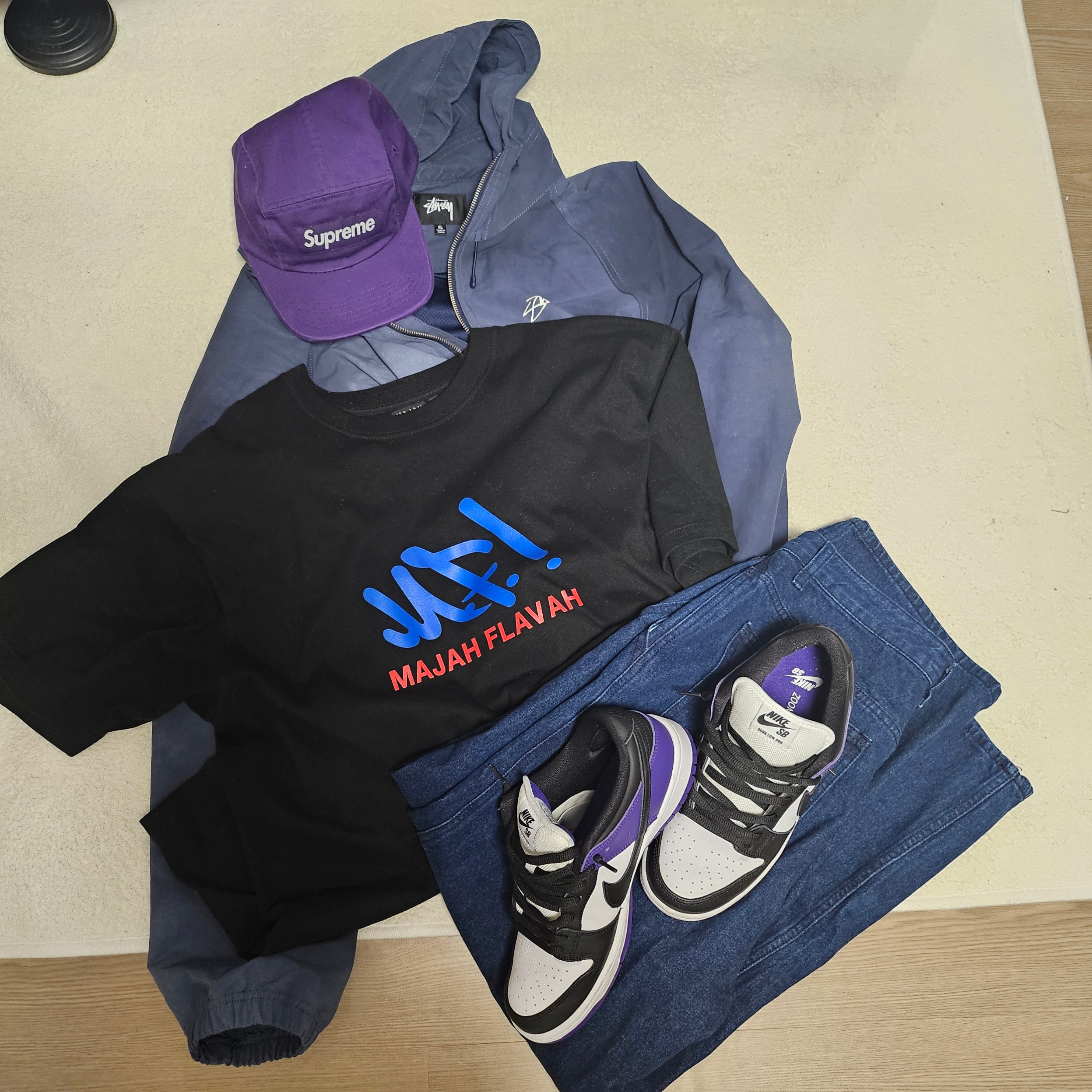 Supreme Washed Chino Twill Camp Cap Purple - 24SS, Stussy Wave Dye Beach Shell Jacket Navy 착용 스타일 - 5