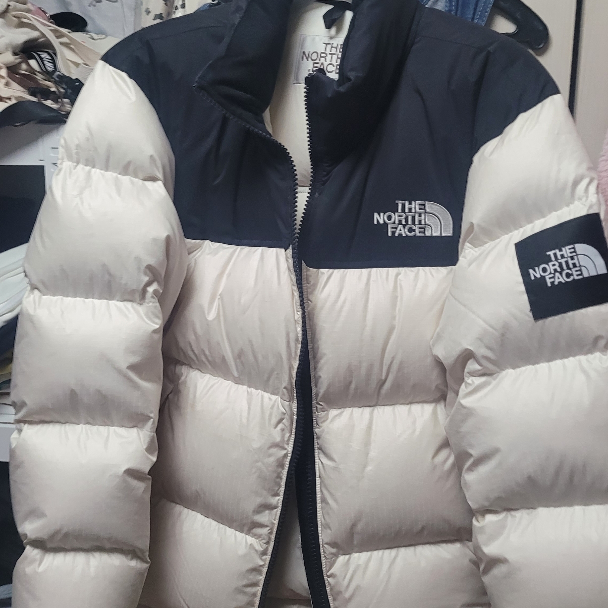 The North Face White Label Novelty Nuptse Down Jacket Cream 착용 스타일