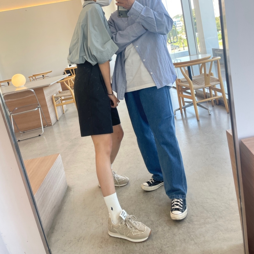 (W) New Balance x Miu Miu 574 Denim Colonial Beige 착용 스타일 - 2
