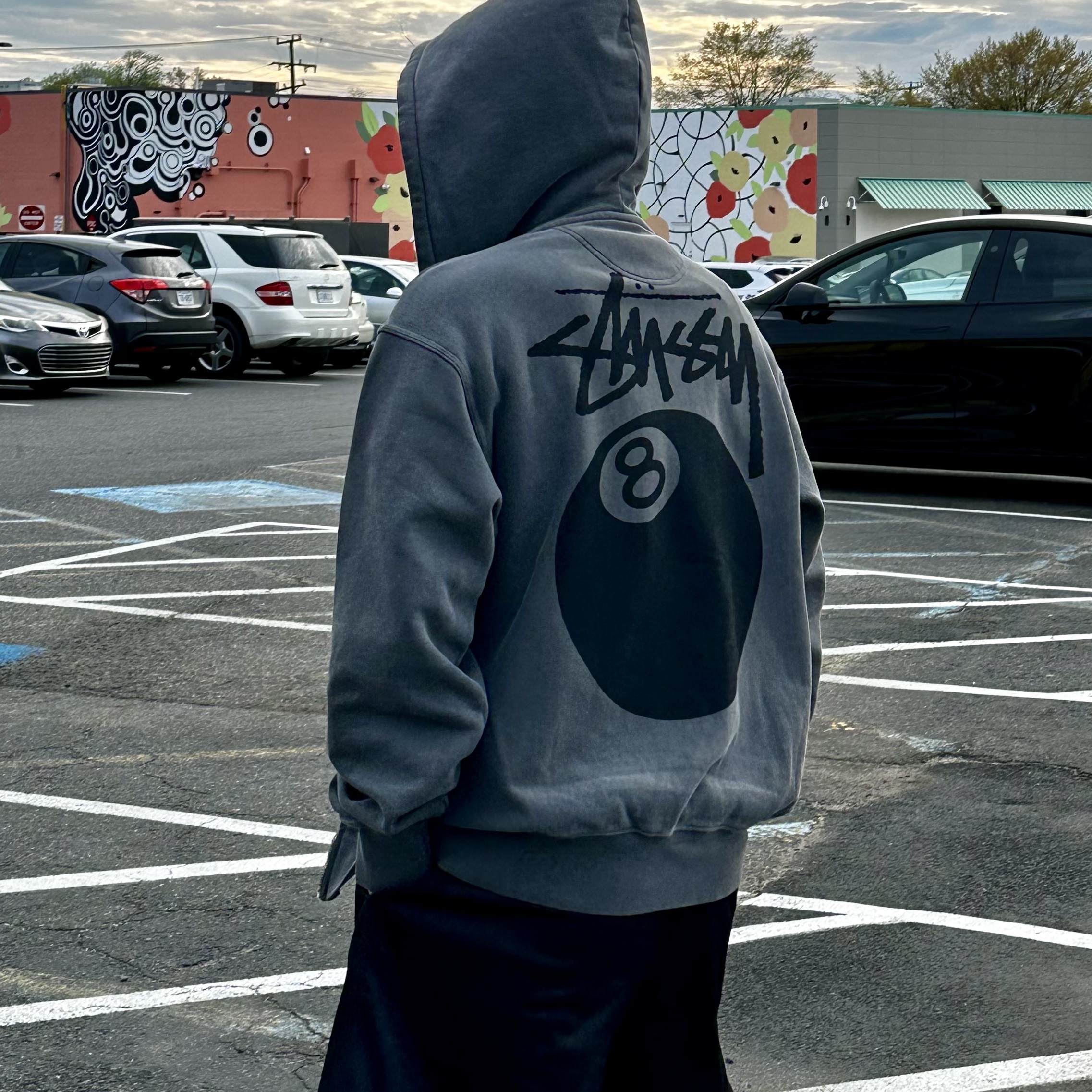 Stussy 8 Ball Pigment Dyed Zip Hoodie Black, Adidas Yeezy Slide Slate Grey 착용 스타일 - 2