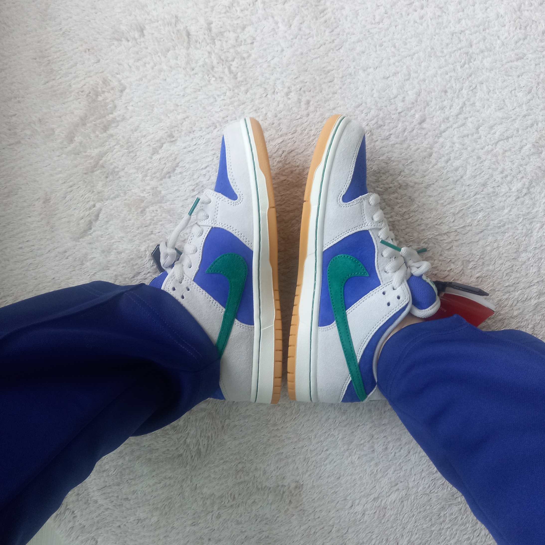 Nike SB Dunk Low Pro Phantom and Hyper Royal, Needles Narrow Track Pants Poly Smooth Royal 착용 스타일 - 5