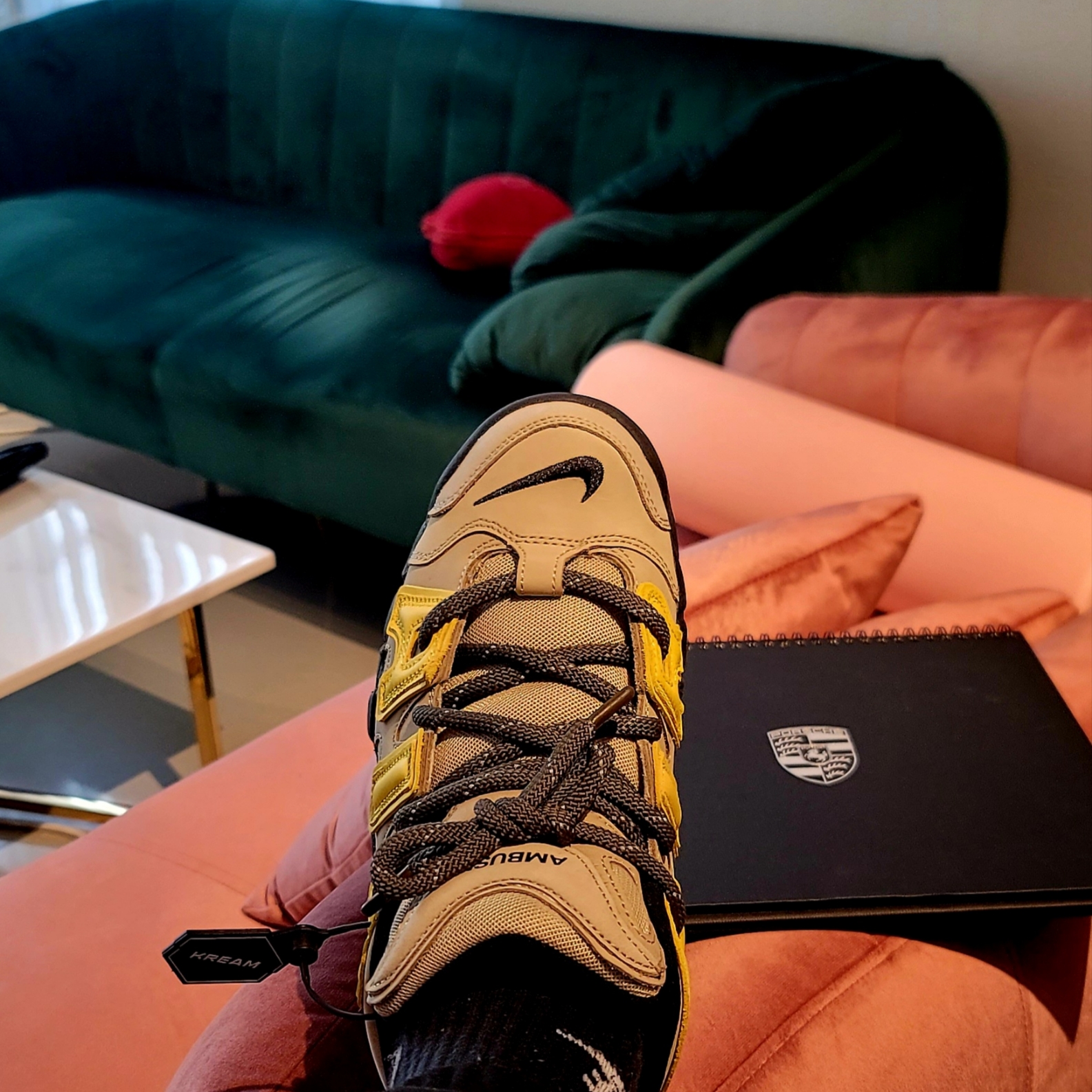 Nike x Ambush Air More Uptempo Low Vivid Sulfur and Limestone 착용 스타일