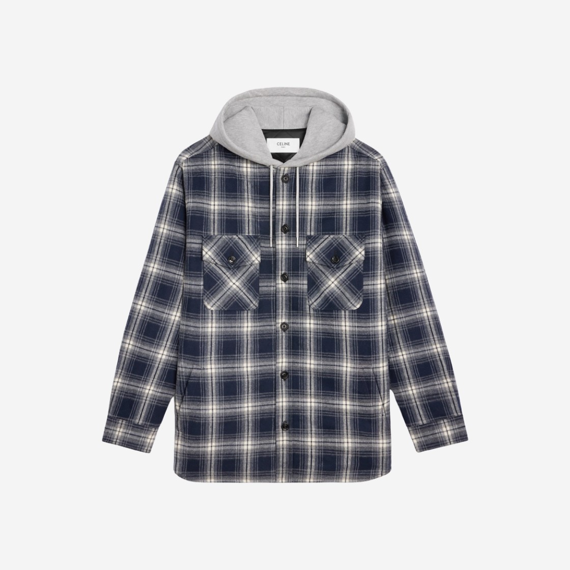 Celine Hooded Overshirt in Checked Cotton Navy 상세 이미지 1