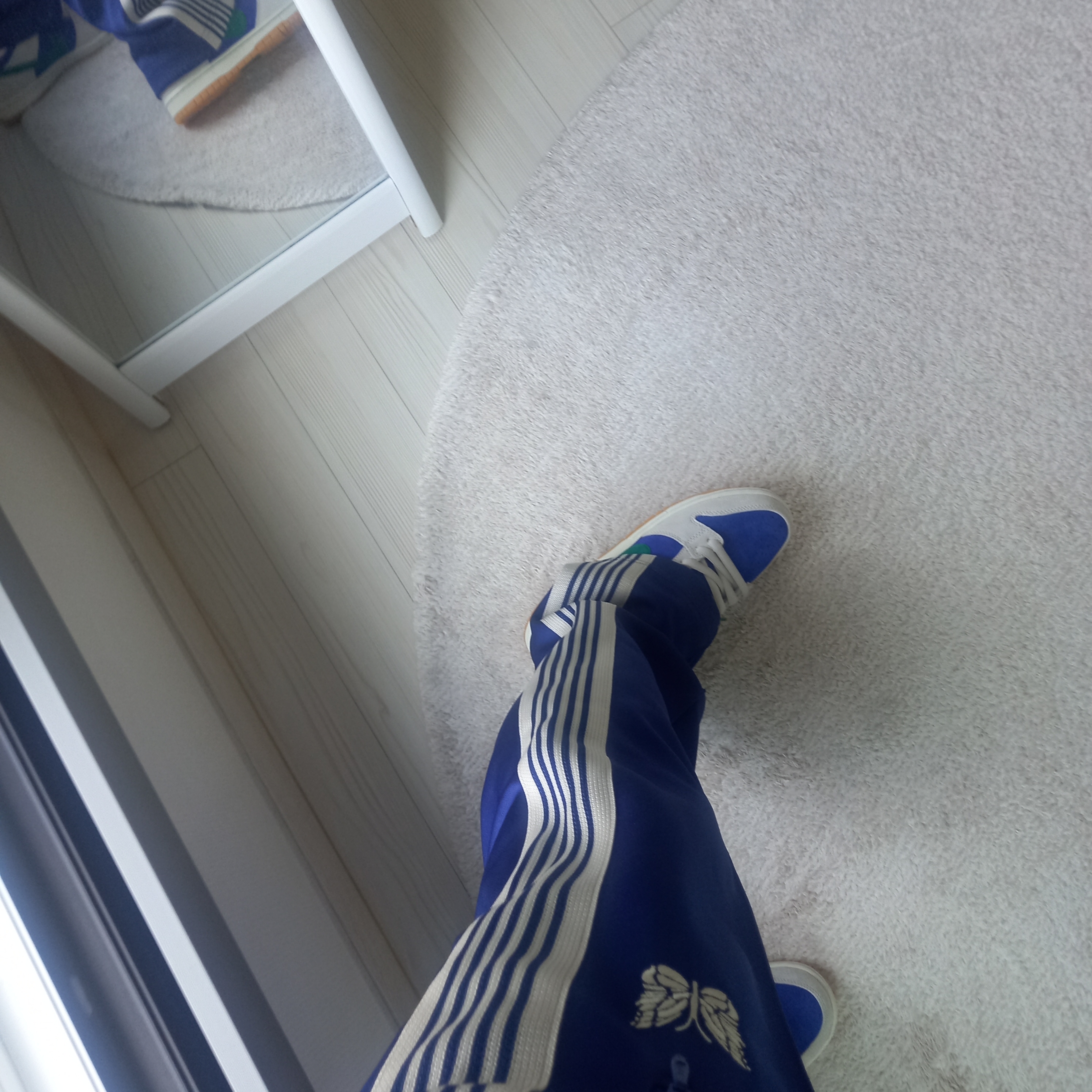 Nike SB Dunk Low Pro Phantom and Hyper Royal, Needles Narrow Track Pants Poly Smooth Royal 착용 스타일 - 3