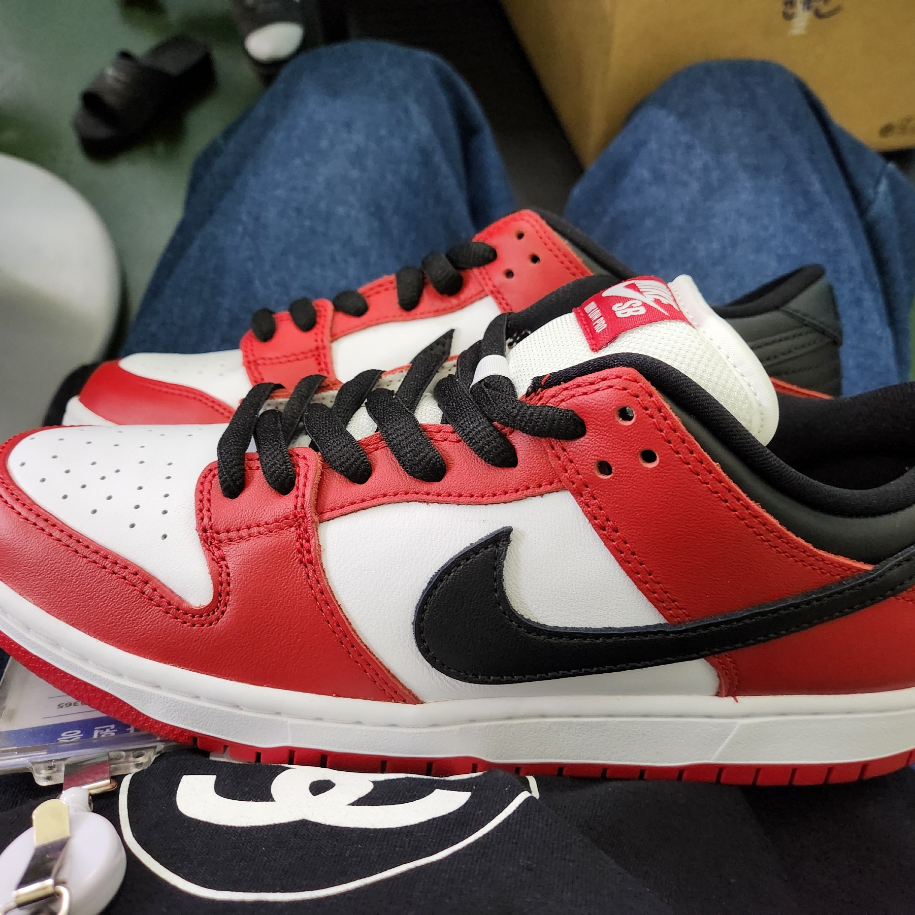 Nike SB Dunk Low Pro Chicago, Stussy World Tour T-Shirt Black 2023 착용 스타일 - 2
