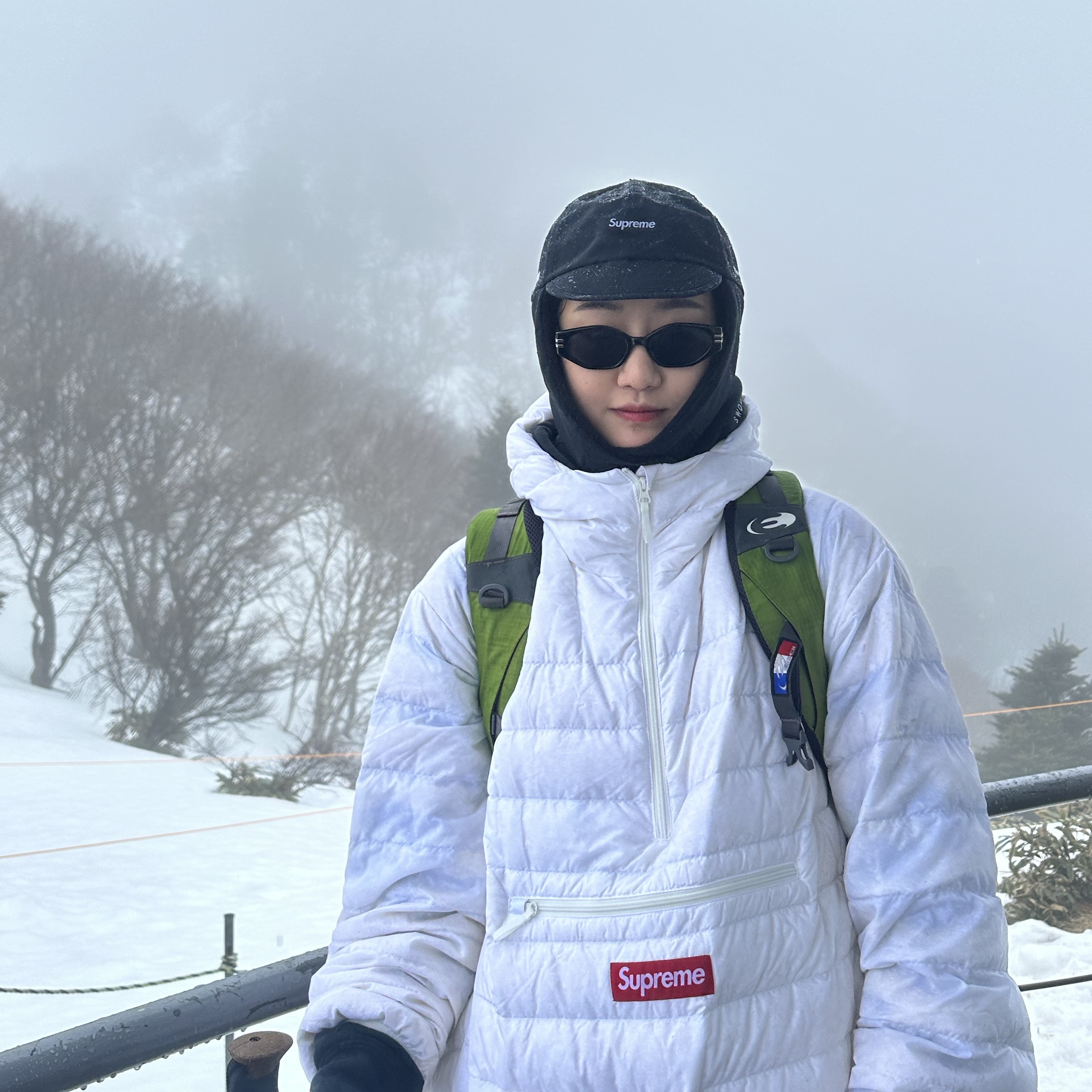 Supreme Gore-Tex Earflap Cap Black - 23FW, Supreme Micro Down Half Zip Hooded Pullover White - 23FW 착용 스타일 - 6