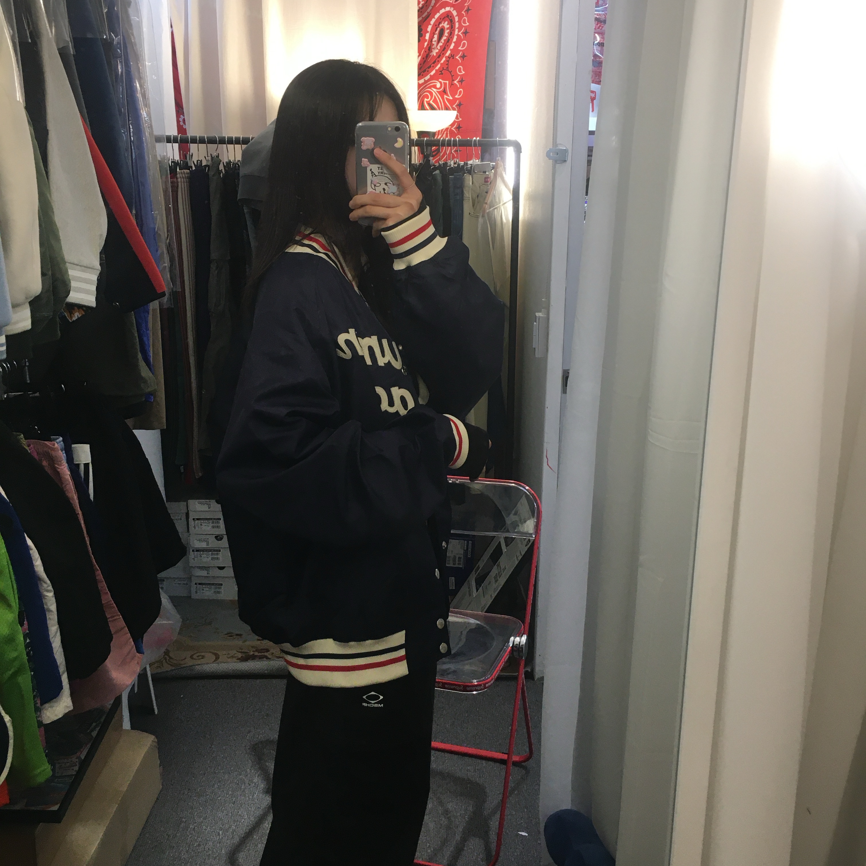 Human Made Nylon Stadium Jacket Navy 착용 스타일 - 3