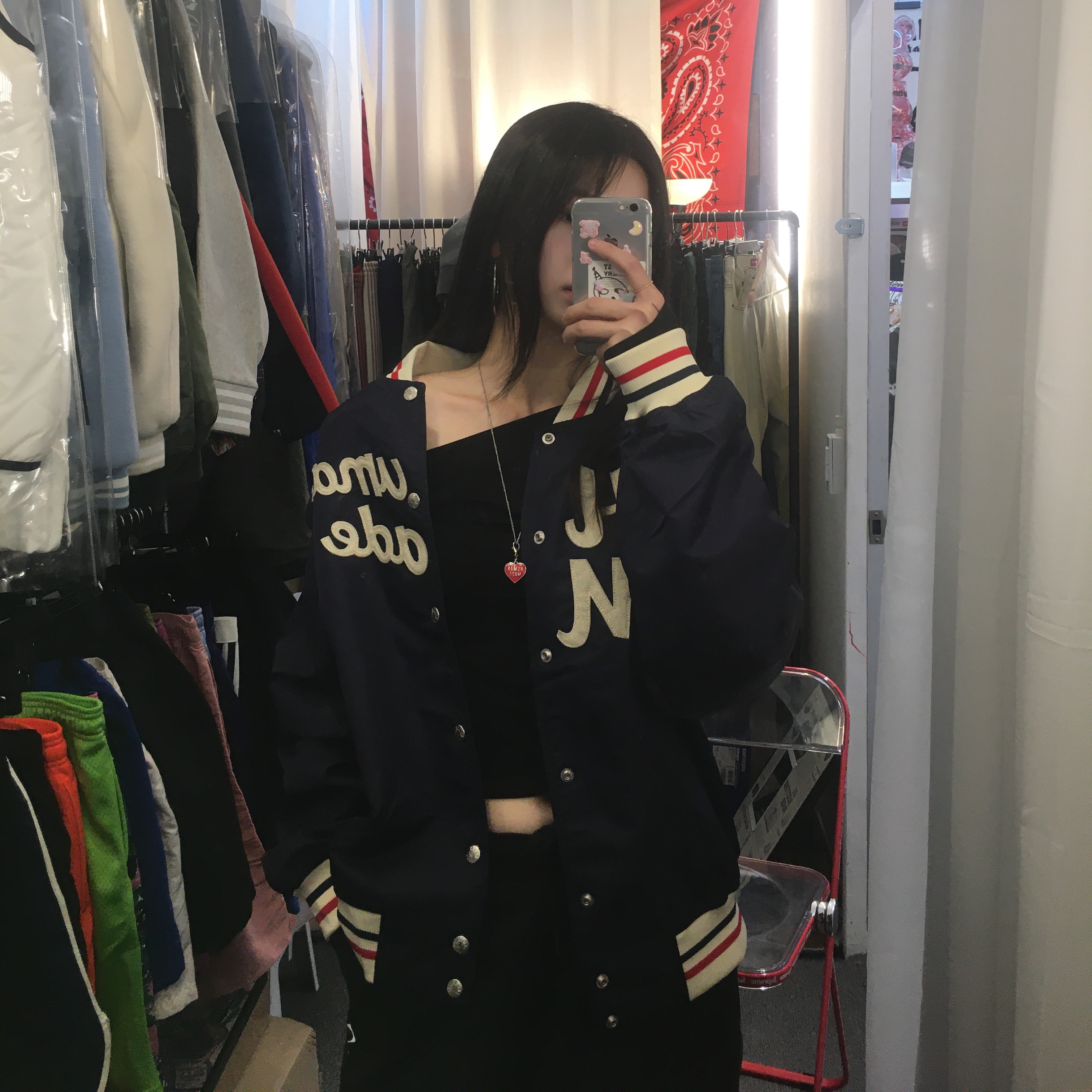 Human Made Nylon Stadium Jacket Navy 착용 스타일 - 1