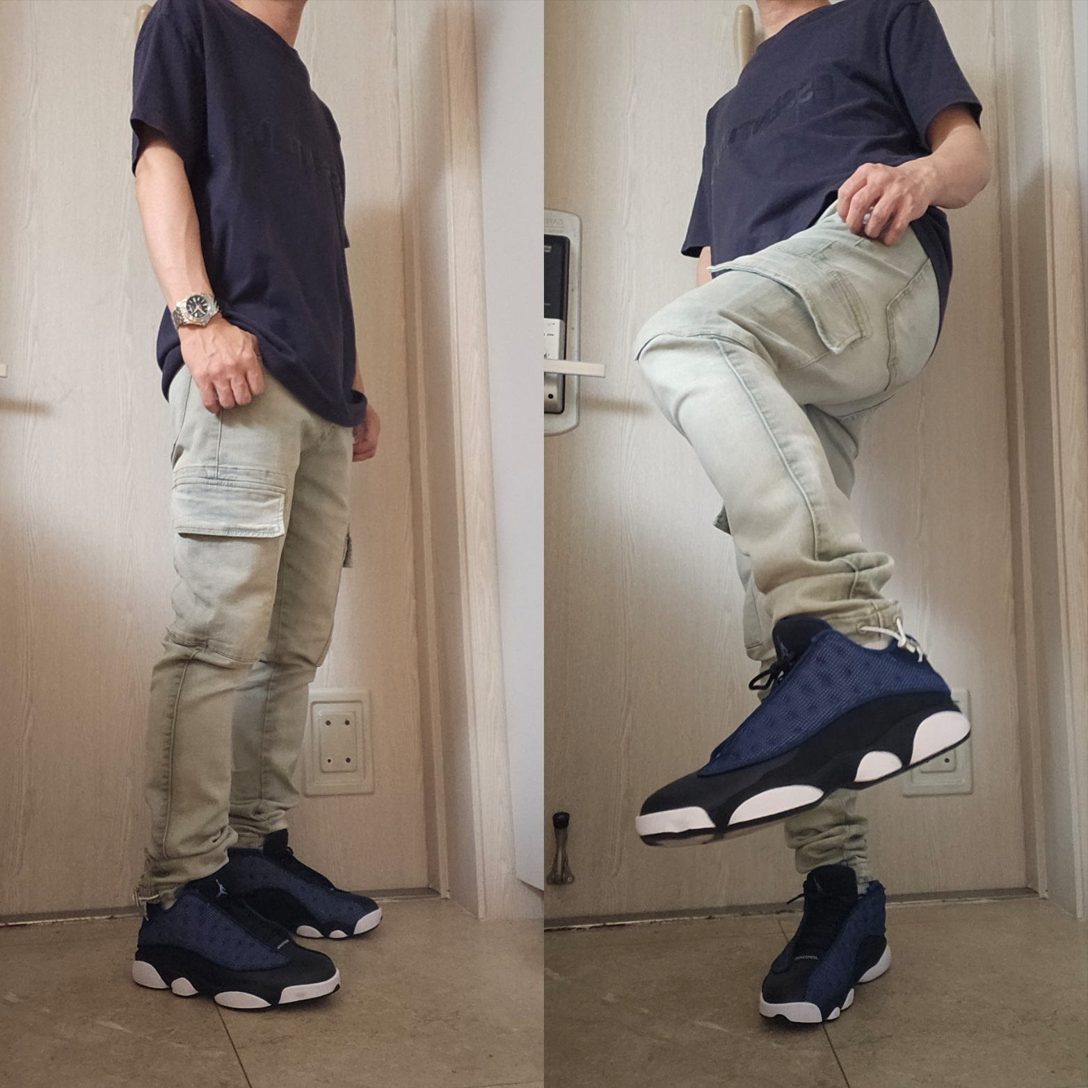 Jordan 13 Retro Low Brave Blue, Essentials 3D Silicon Applique Boxy T-Shirt Navy/Dark Navy - Ssense Exclusive 착용 스타일