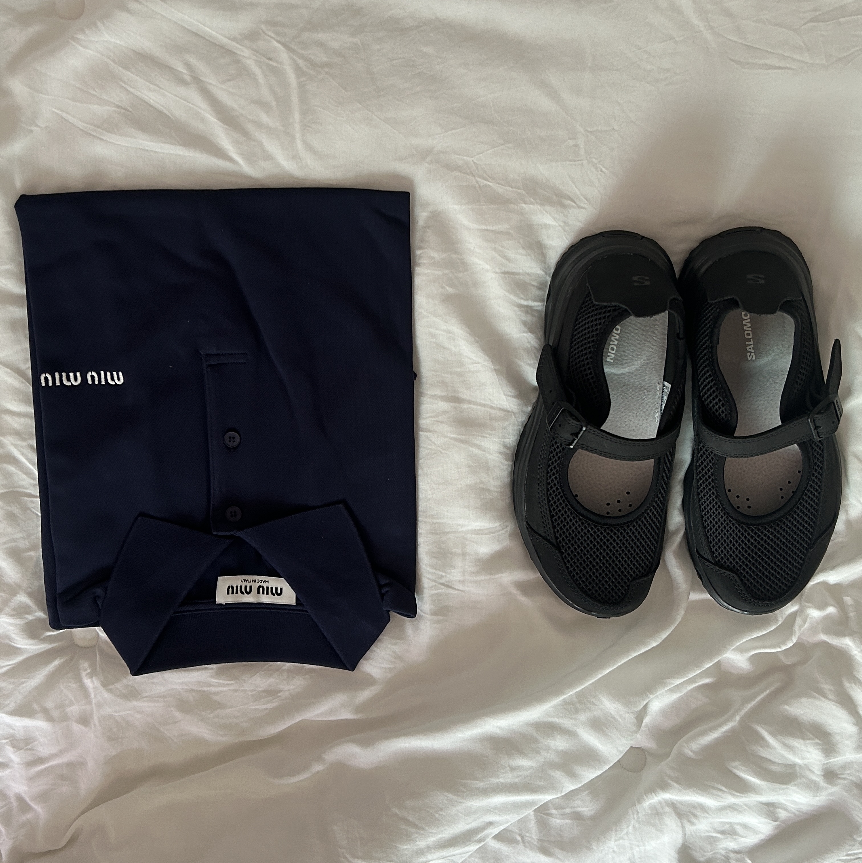 Salomon RX Marie Jeanne Black, (W) Miu Miu Cotton Pique Polo Shirt Blue 착용 스타일