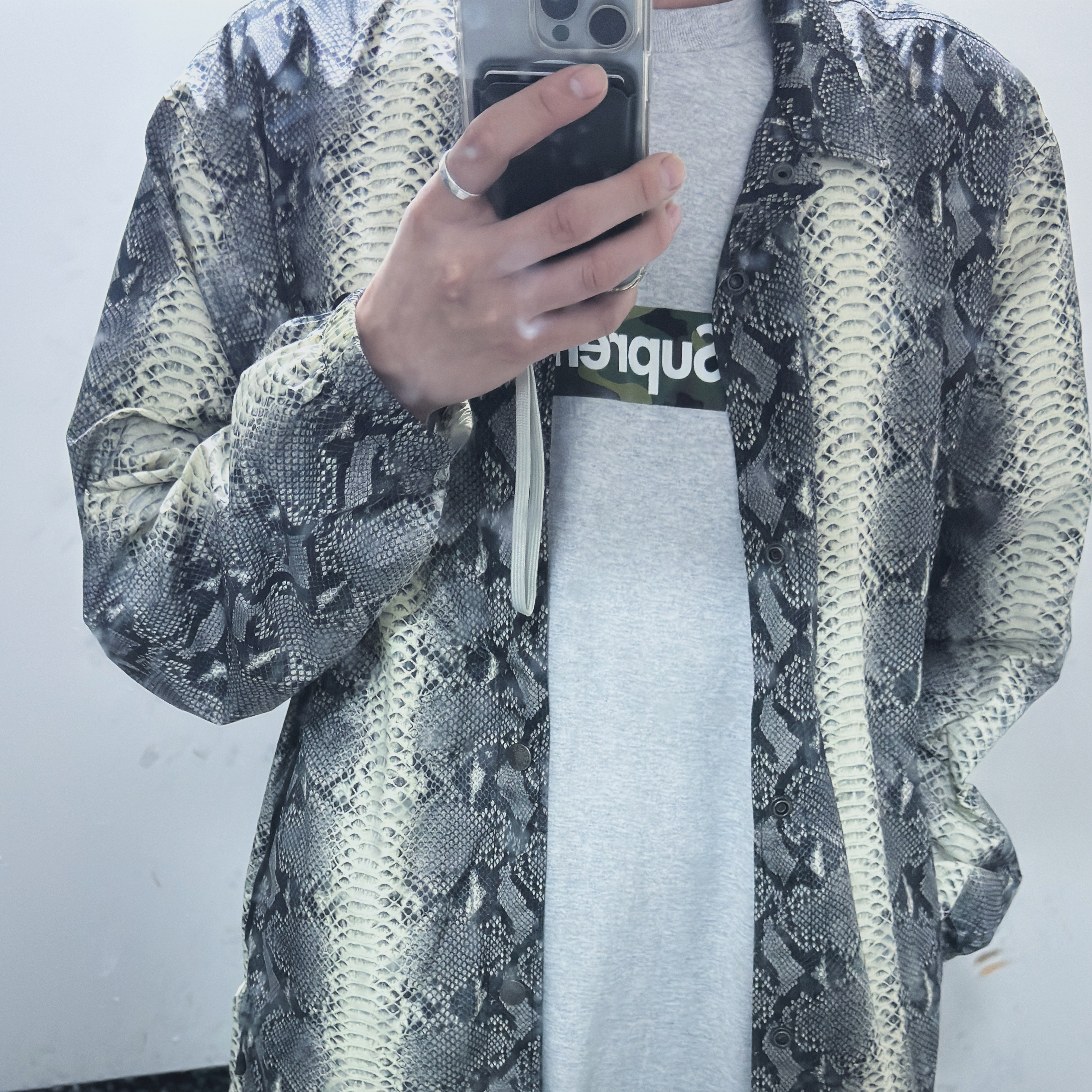 Supreme Box Logo T-Shirt Ash Grey - 23FW, Supreme x The North Face Snakeskin Taped Seam Coaches Jacket Black - 18SS 착용 스타일