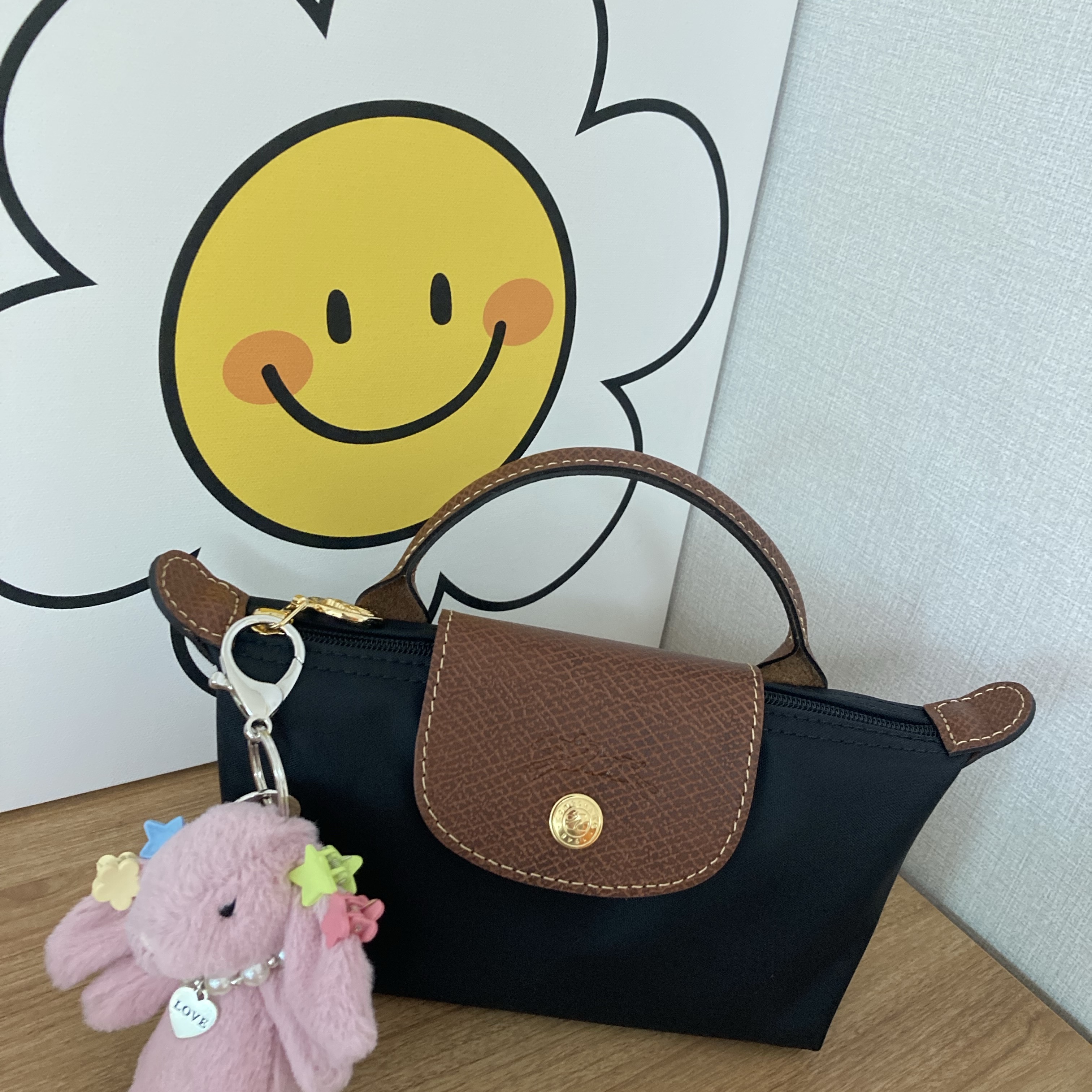 Longchamp Le Pliage Original Handle Pouch Black, Jellycat Bashful Bunny Bag Charm Tulip 착용 스타일