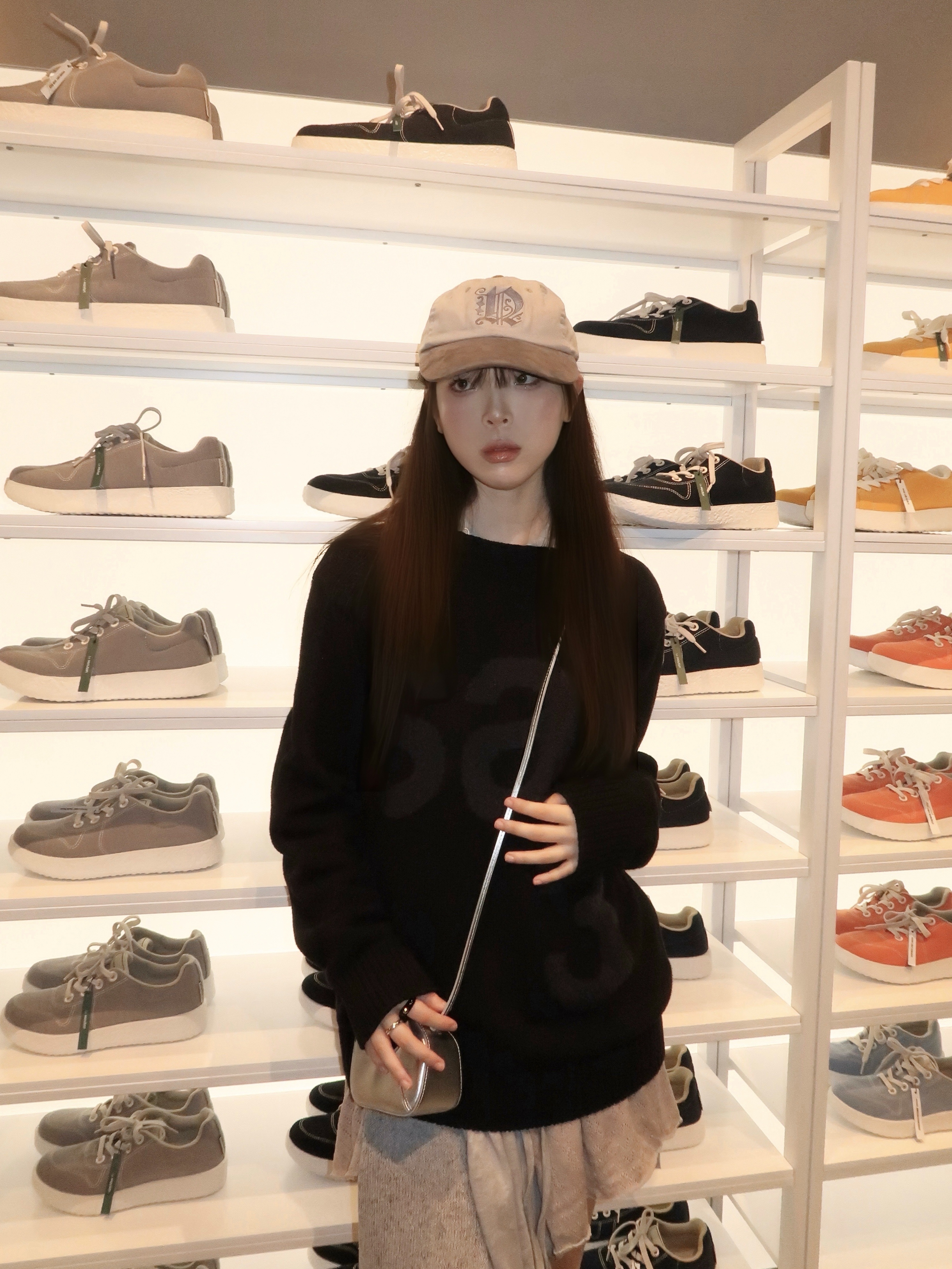 [KREAM 단독] Safarispot Basic Safari Knit Black, STUDIOTABLE Crepe Mini Bag Silver 착용 스타일 - 2