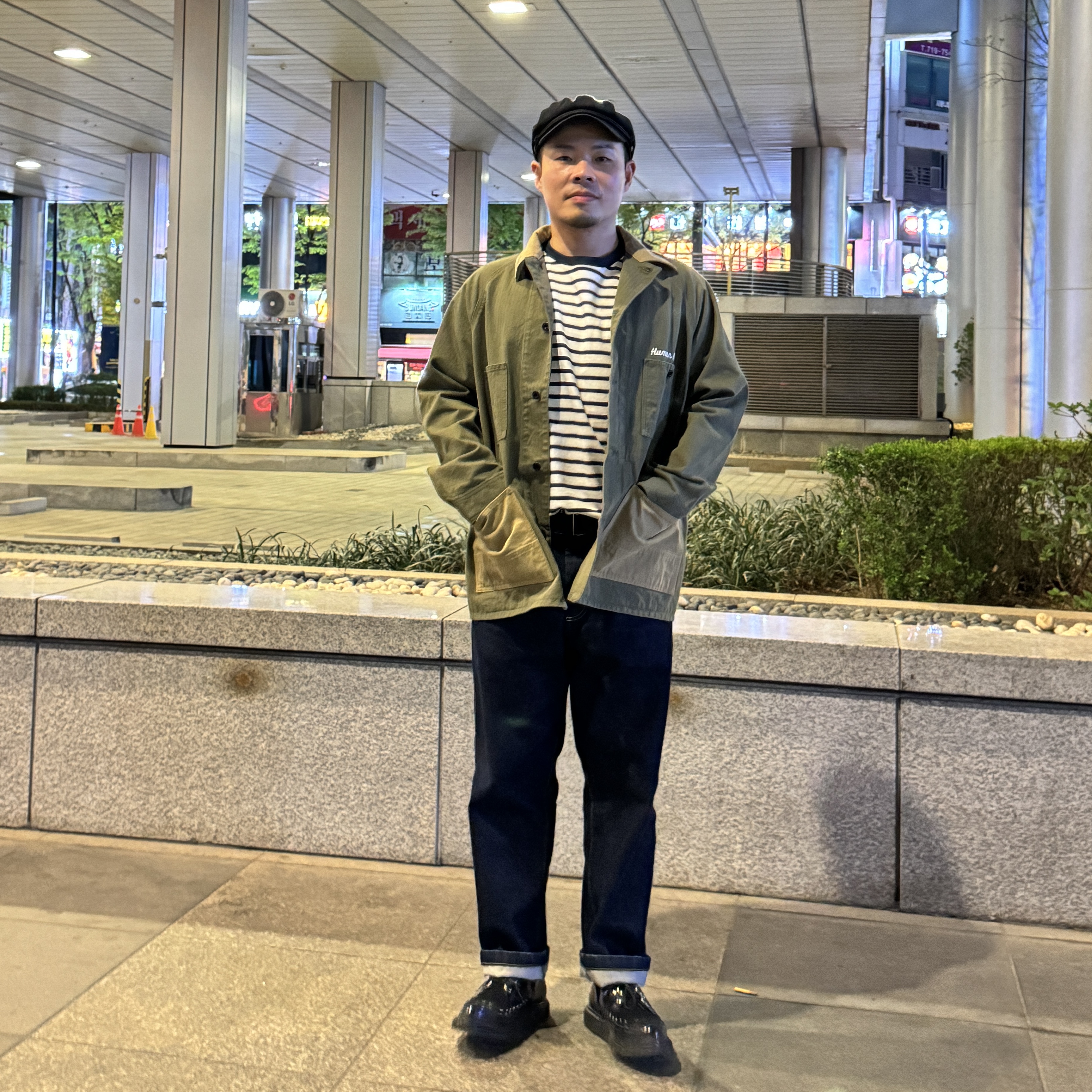 Human Made Herringbone Coverall Jacket Olive Drab 착용 스타일 - 2