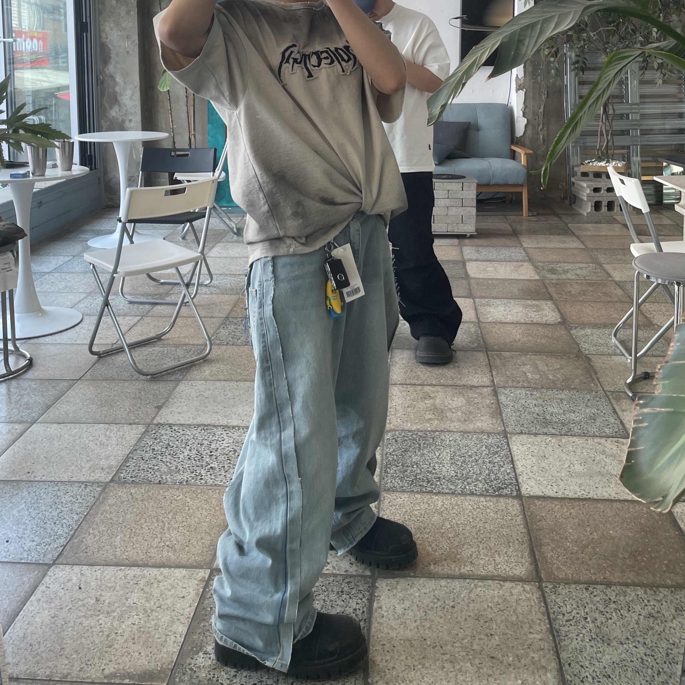 Project G/R Upcyling Denim Pants Blue, Project G/R Furious Logo Applique T-Shirt Grey - 10 Corso Como Exclusive 착용 스타일