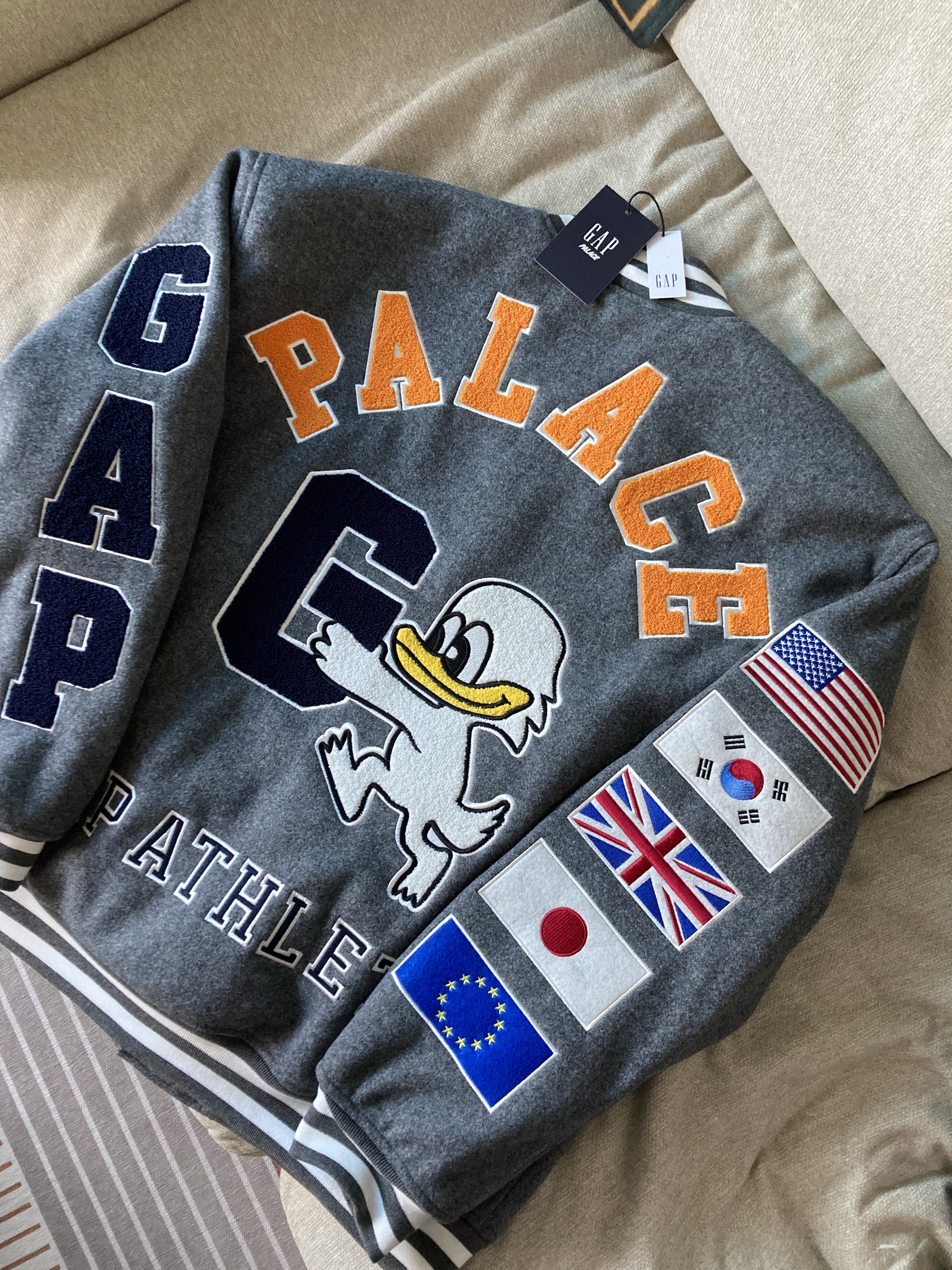 Palace x Gap Varsity Jacket Grey - 24SS 착용 스타일