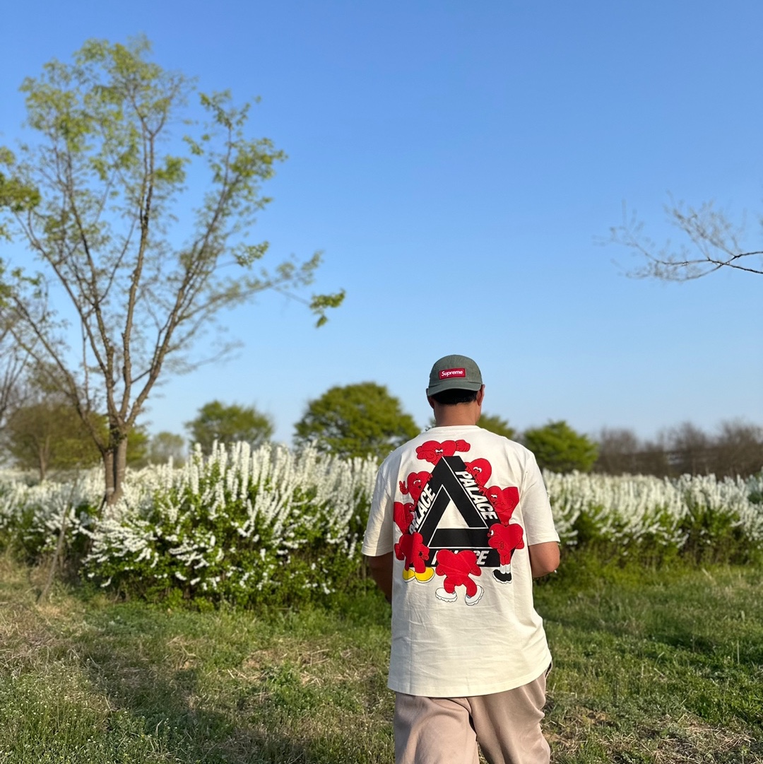 Palace Tri-Hearts T-Shirt Soft White - 24SS, Supreme Military Camp Cap Olive - 24SS 착용 스타일