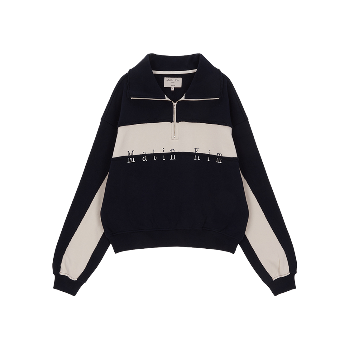 (W) Matin Kim Cutted Logo Half Zip Sweatshirt Navy 상세 이미지 1