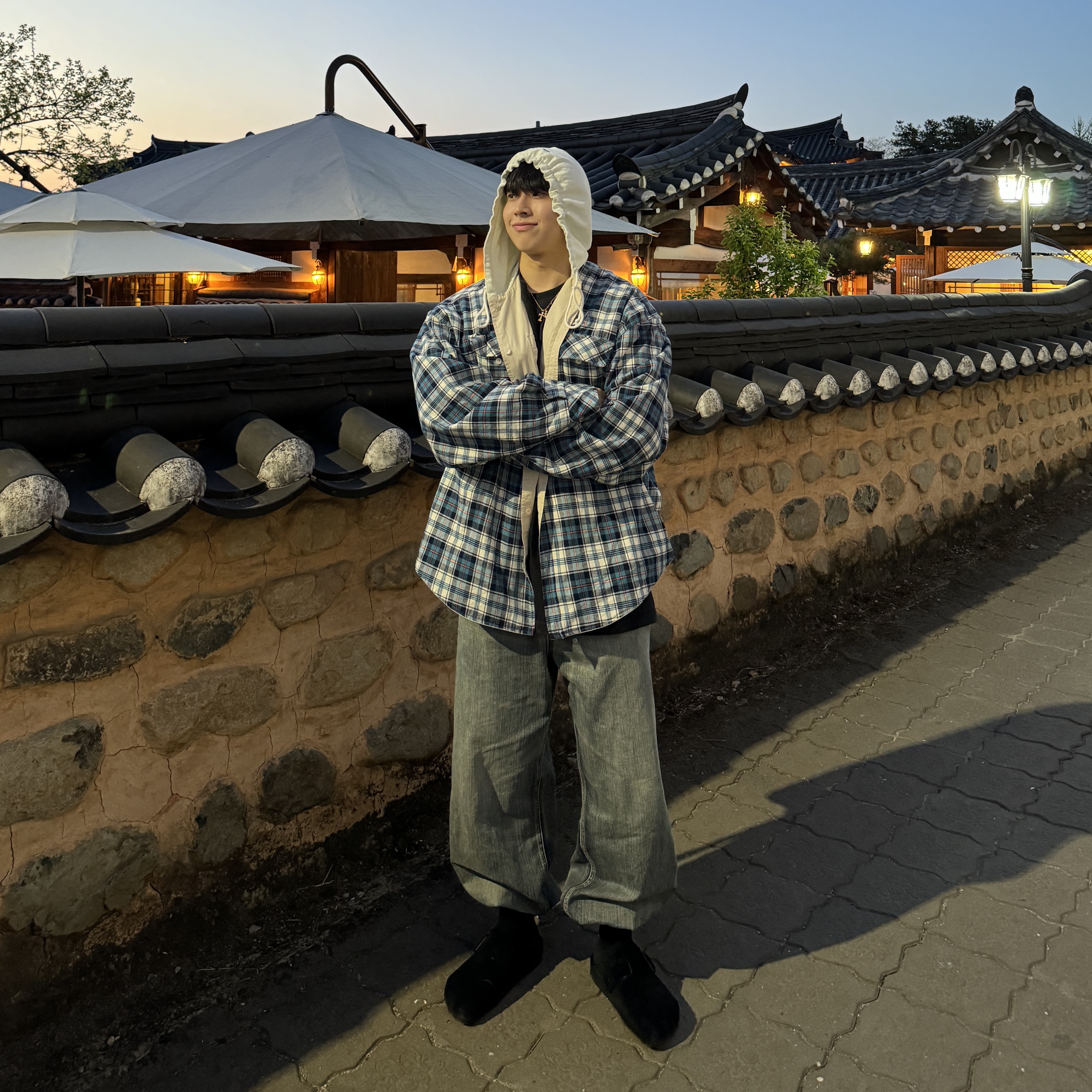 Project G/R Reversible Hooded Check Shirt Blue Green Beige 착용 스타일 - 1