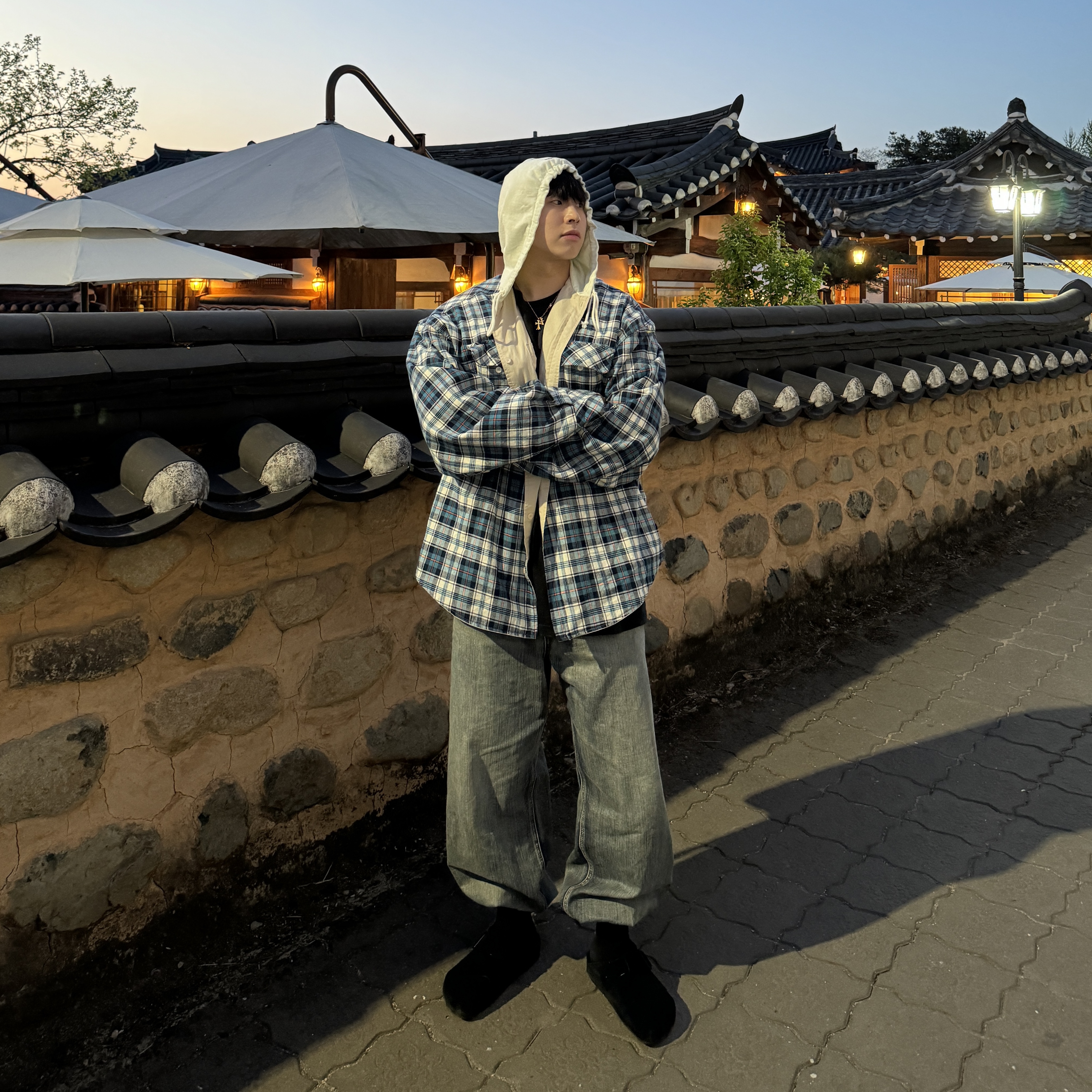 Project G/R Reversible Hooded Check Shirt Blue Green Beige 착용 스타일 - 2