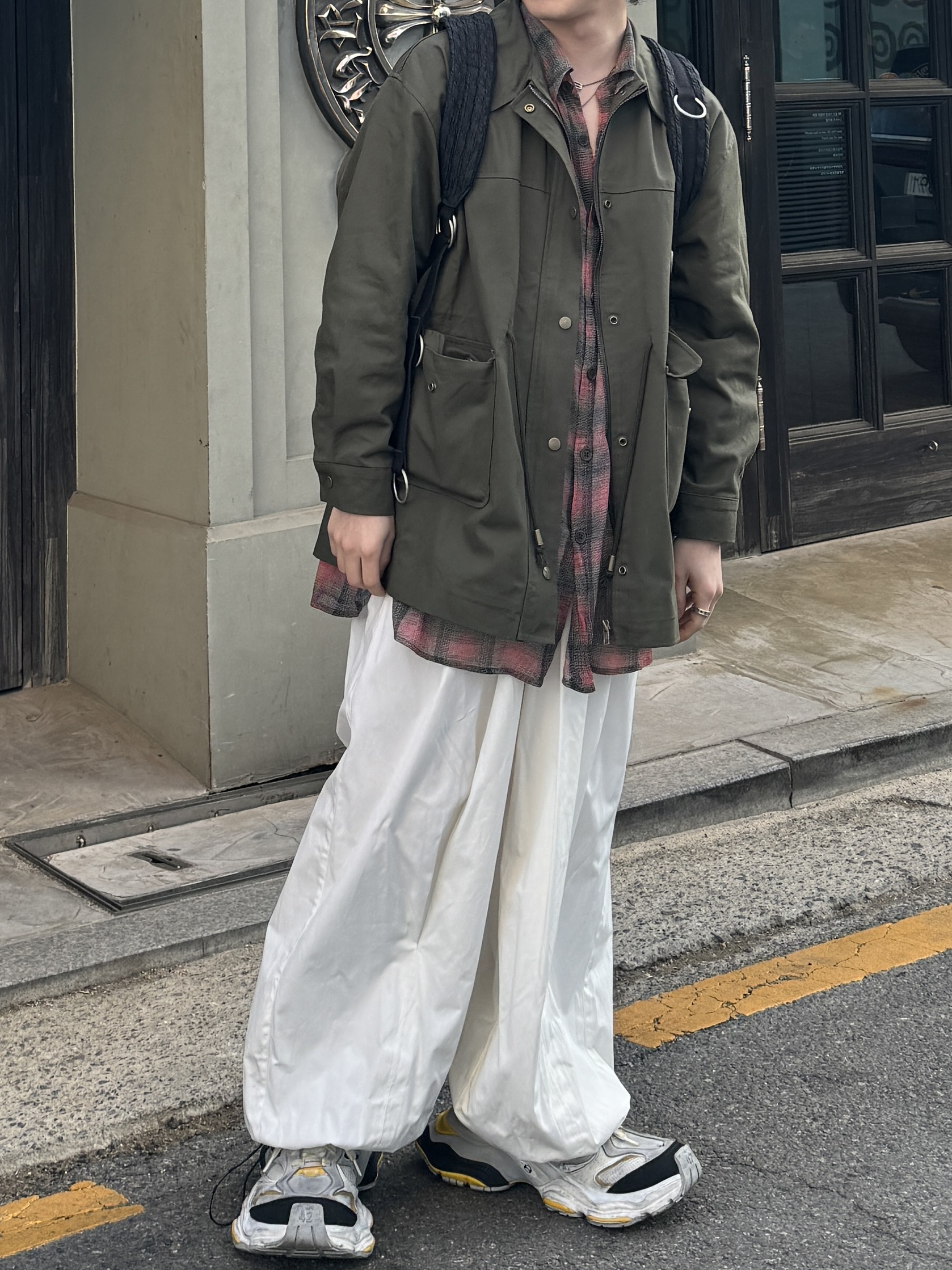 Chrome Hearts Cross Leather Patch Cashmere Beanie Black, Our Legacy Borrowed Shirt Big Lumbercheck Print 착용 스타일 - 4